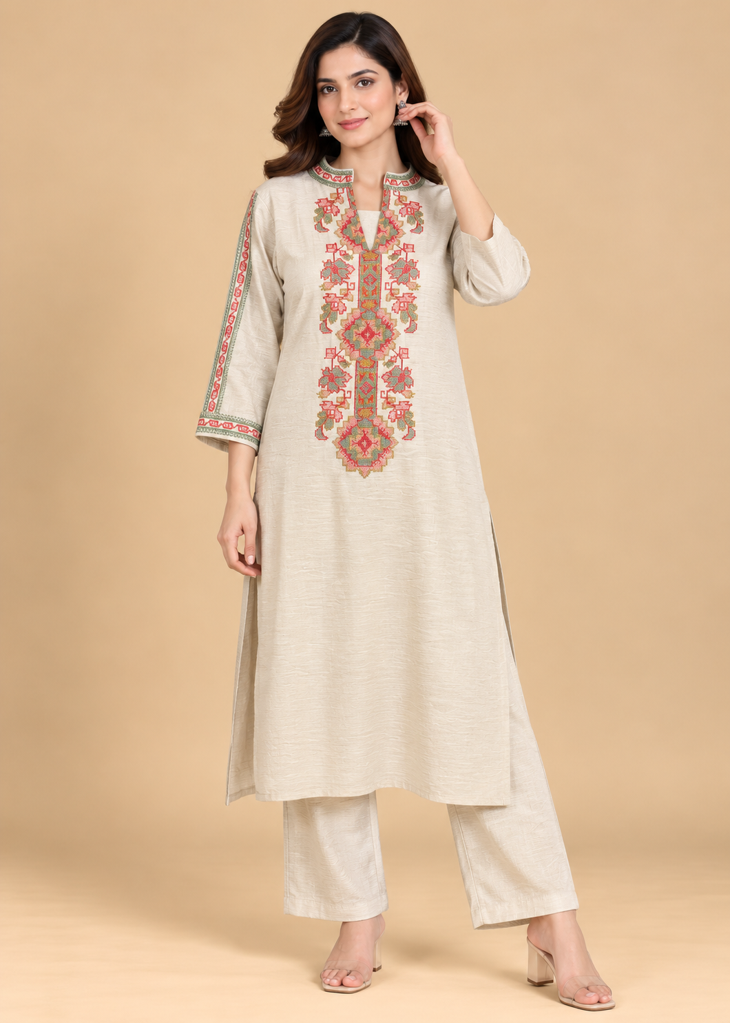 Cream Cross-Stitch Embroidered Silk Kurti Set