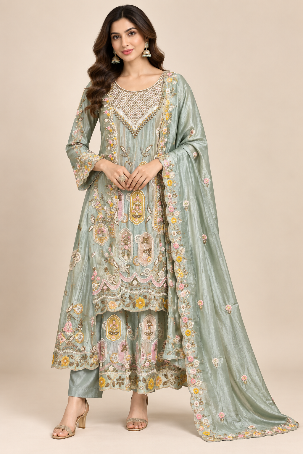 Mint Sage Tissue Silk Embroidered Kurti Sharara &amp; Pant Set Main image