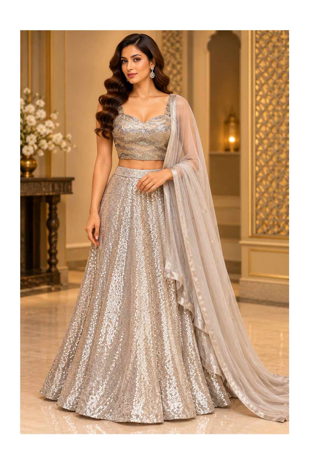 Metallic Silver-Champagne Sequin Corset Blouse, Flared Lehenga Main image