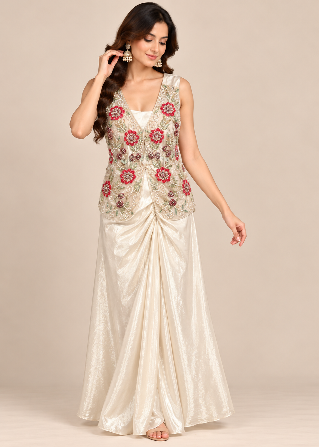 Ivory Floral Embroidered Draped Saree Gown