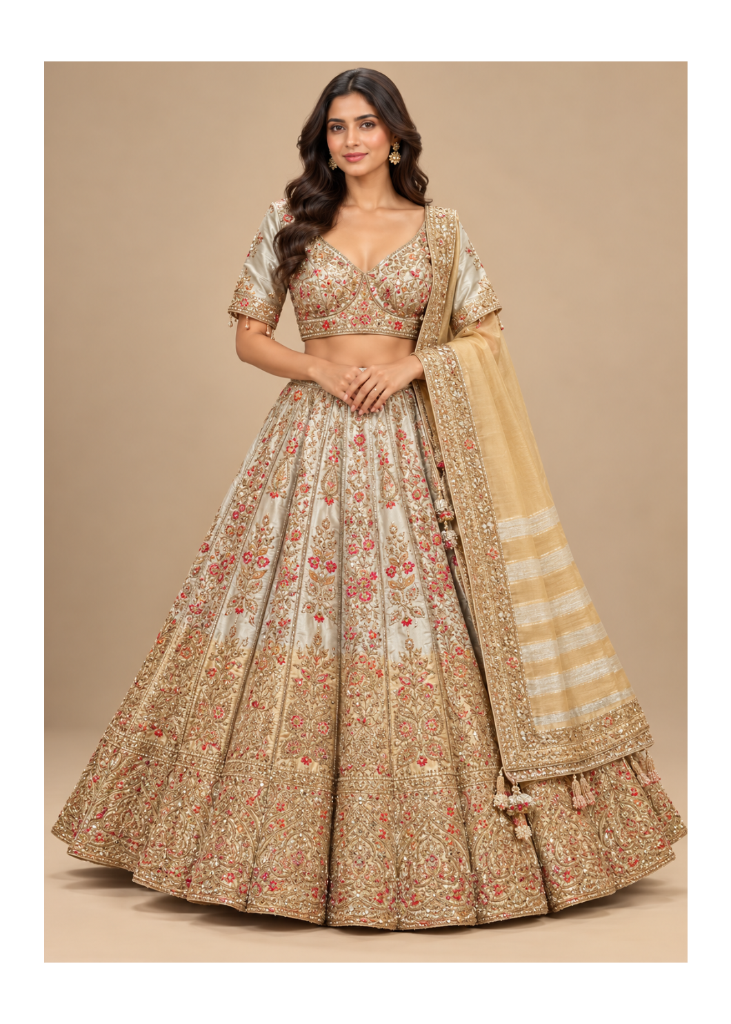 Royal Champagne Gold Floral Bridal Lehenga Main image