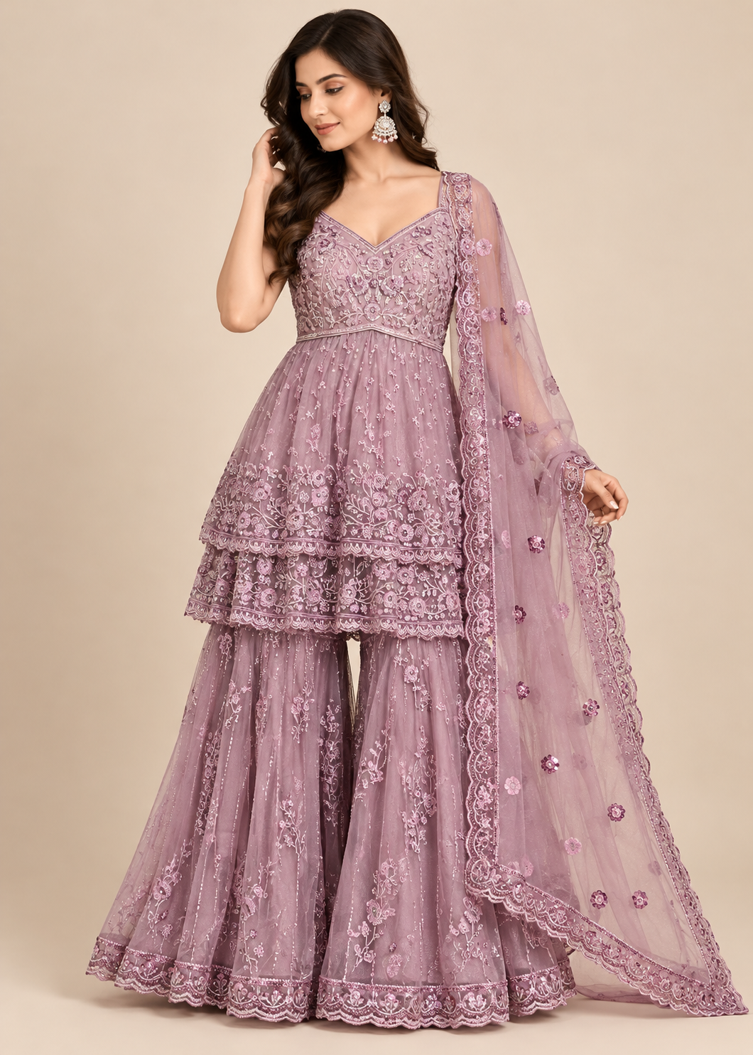 Lavender Embroidered Tiered Net Sharara Set