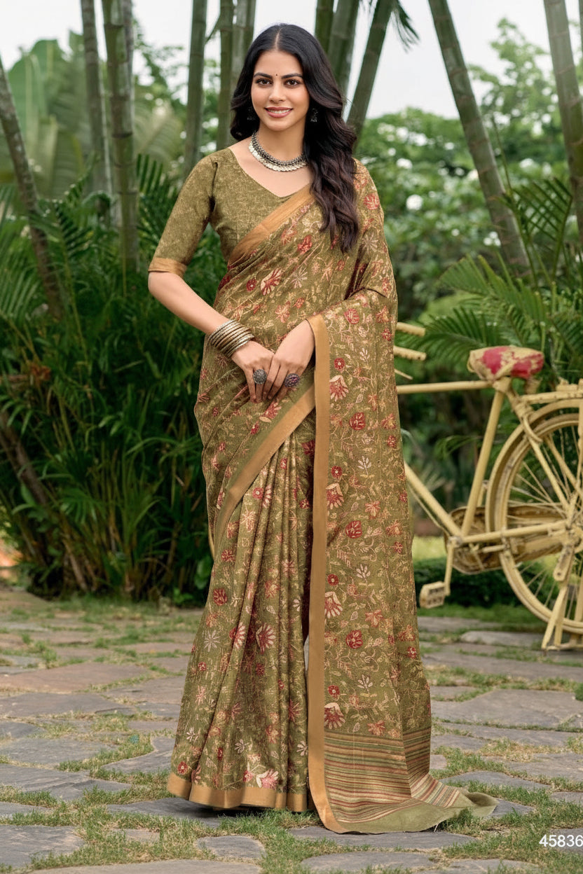 Floral Kalamkari Print Art Silk Saree Main image