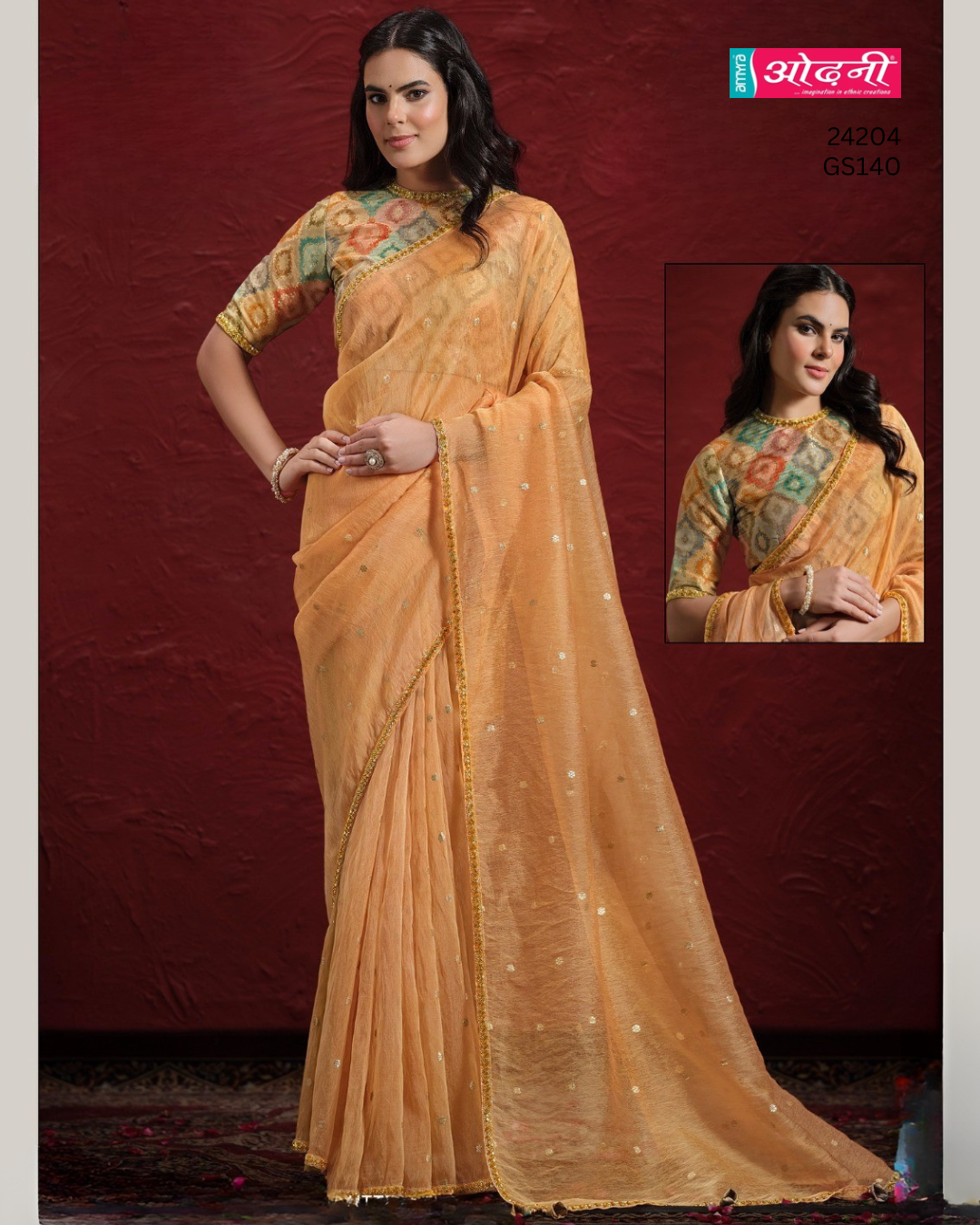 Peach Orange Jacquard Butti Tussar Saree with Rangkat Blouse (24204 GS-140)