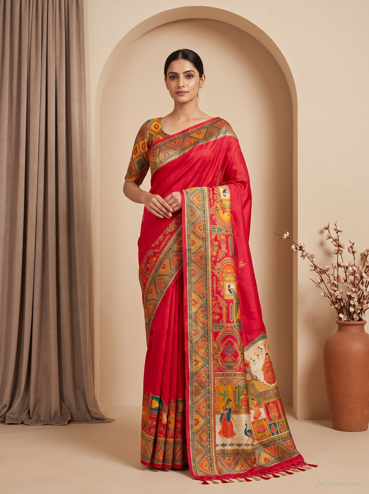 Rani Pink Art Silk Saree with Pichwai & Paithani-Inspired Figurine Pallu & Blouse Piece