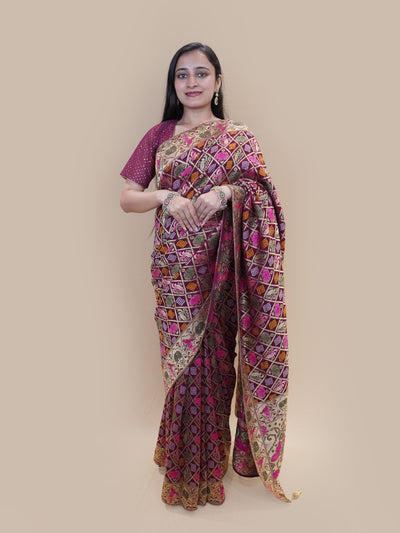 Royal Wine Phulkari Lattice Silk Saree (N7971 GS-140)