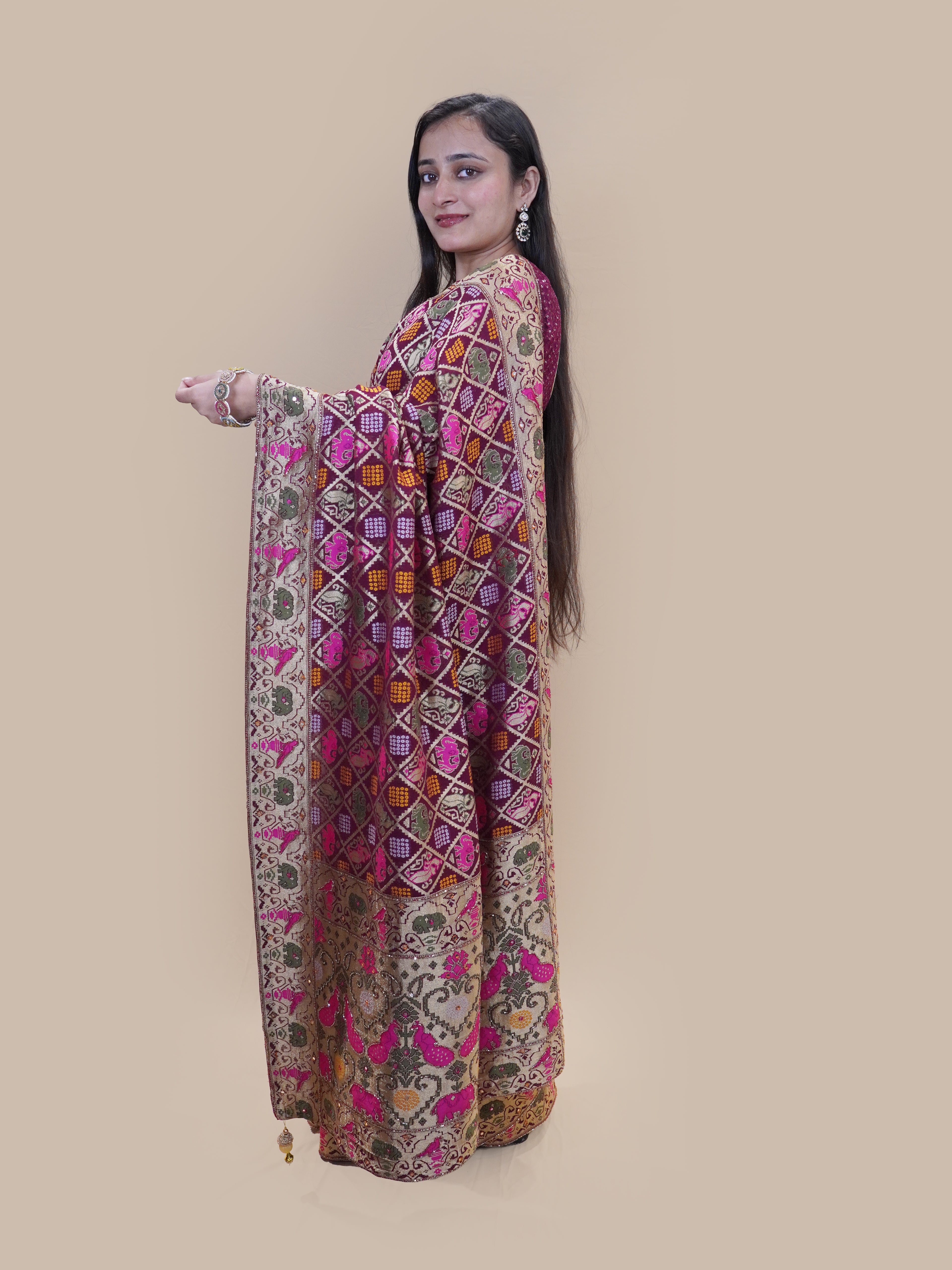 Royal Wine Phulkari Lattice Silk Saree (N7971 GS-140)