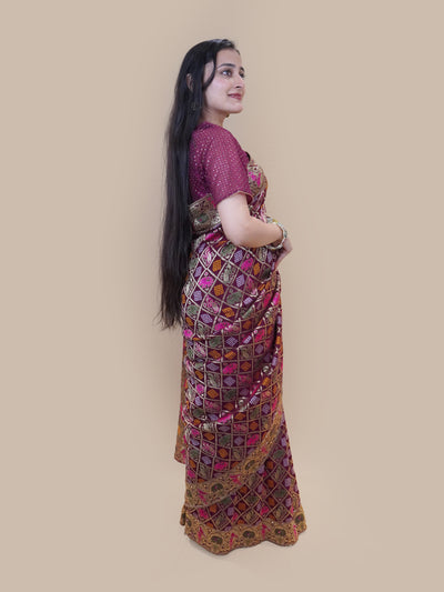 Royal Wine Phulkari Lattice Silk Saree (N7971 GS-140)