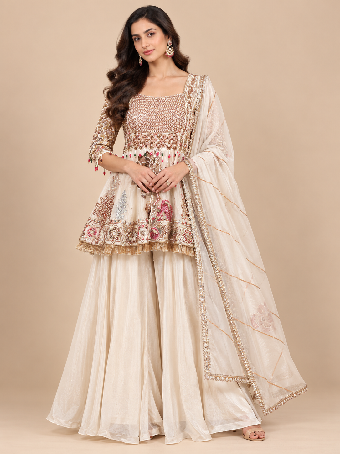 Ivory Silk Organza Peplum Kurti & Flared Sharara Set