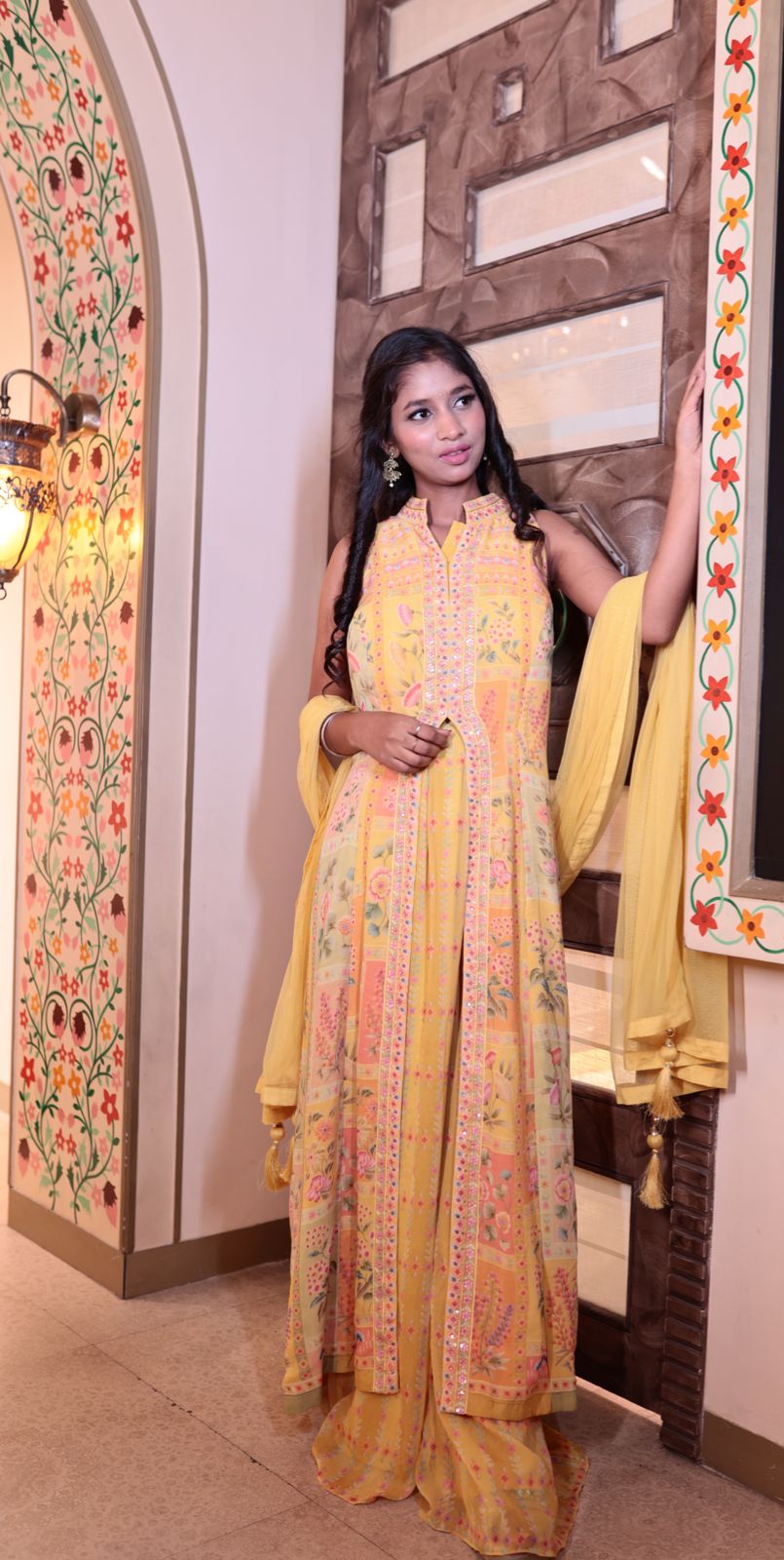 Vibrant Lemon Chinnon Long Front Slit Kurti with Skirt and Dupatta