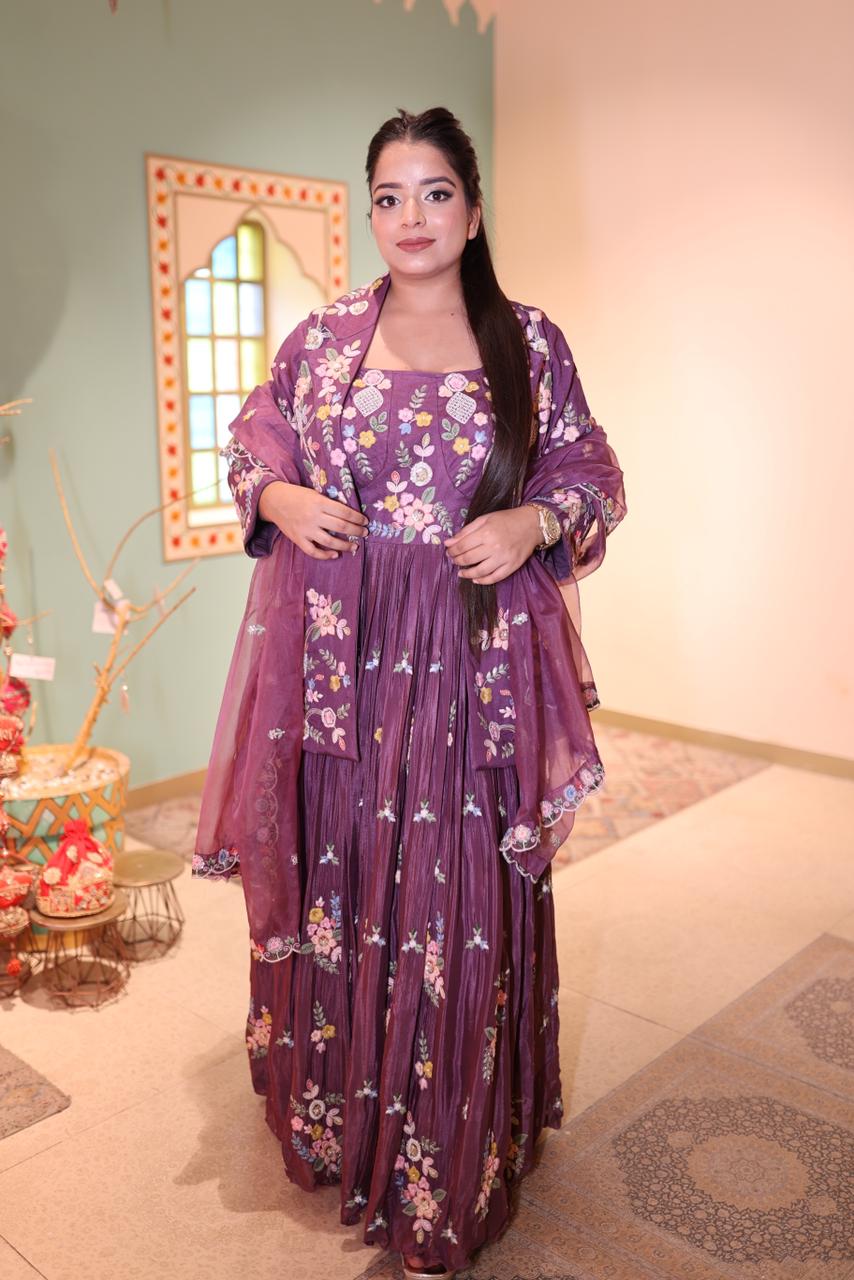 Elegant Purple Chinnon Anarkali Dress with Dupatta