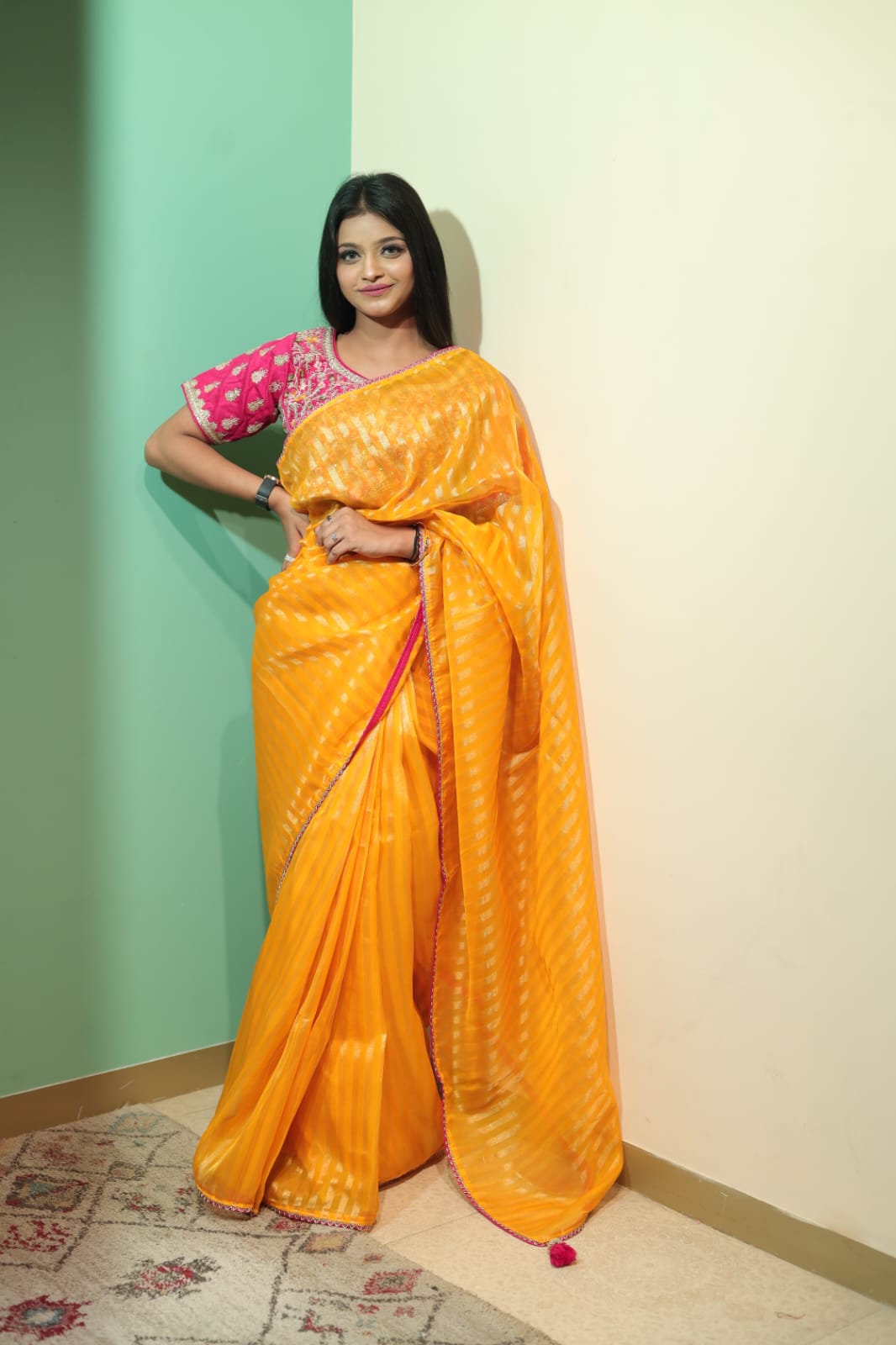 Mustard Organza Saree with Subtle Stripes