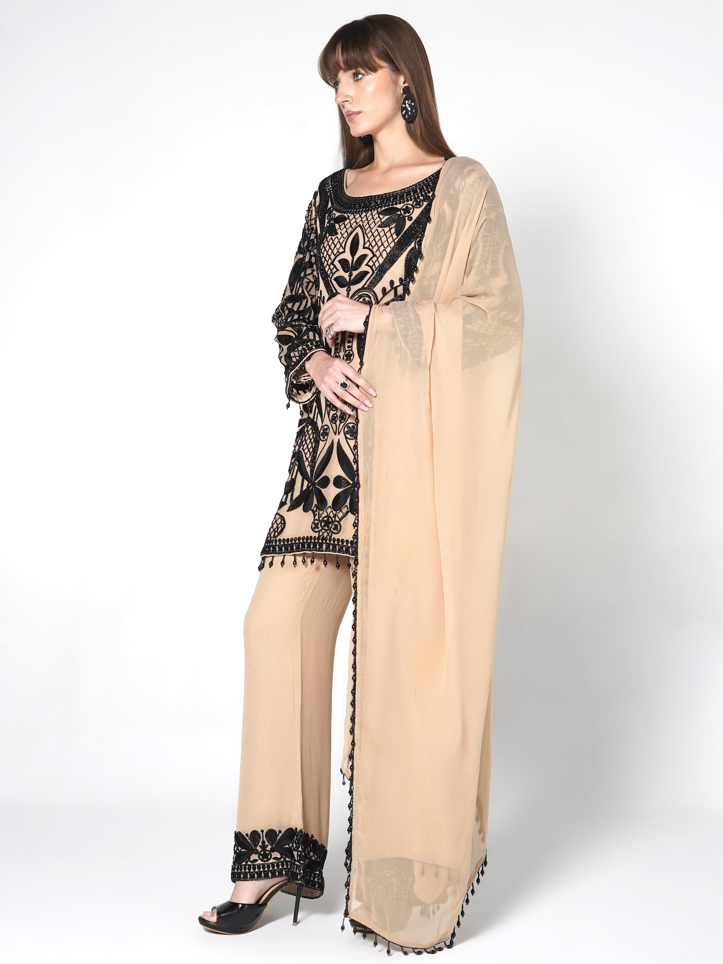Beige - Black Kurti Fusion Set