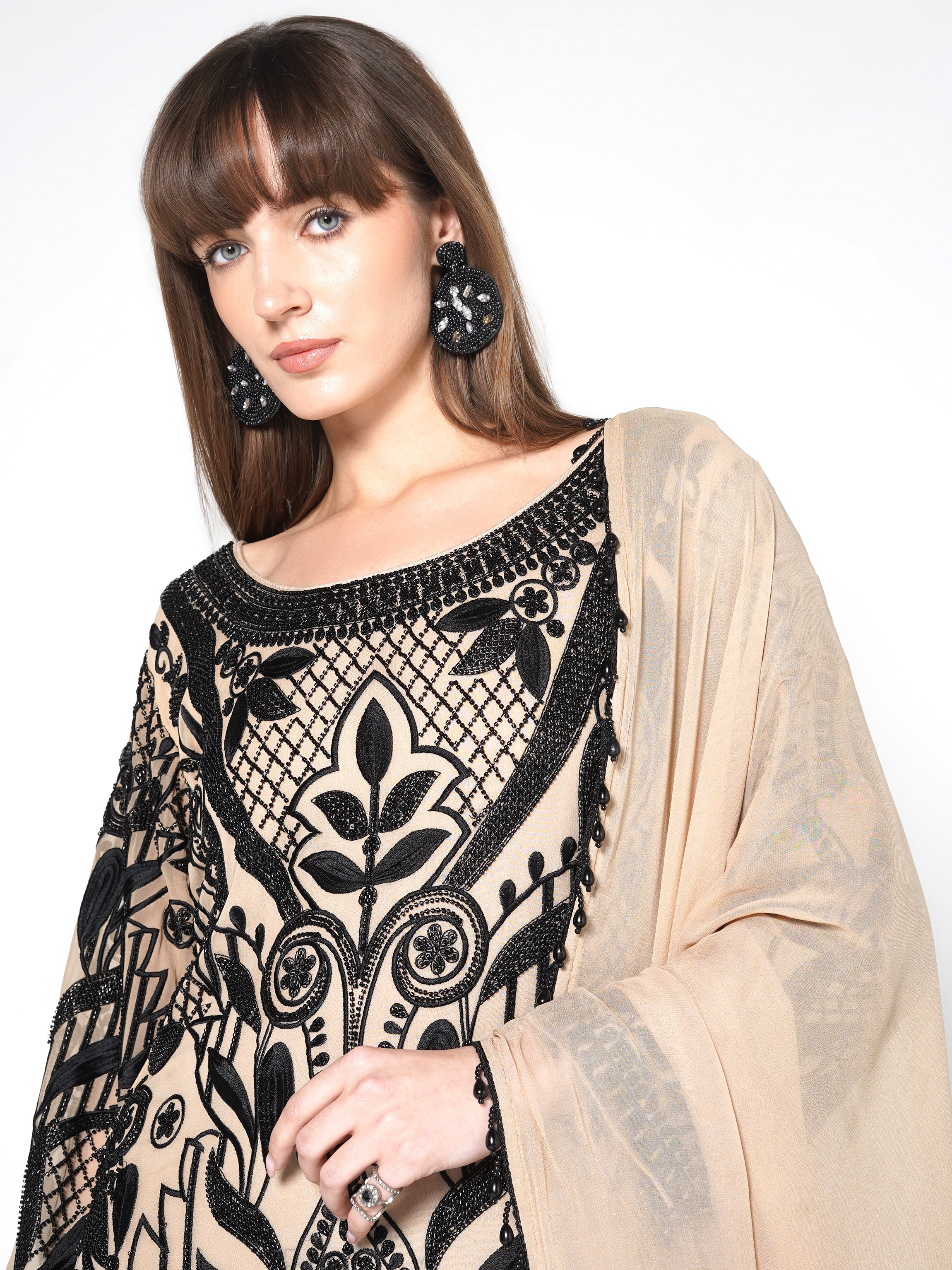 Beige - Black Kurti Fusion Set