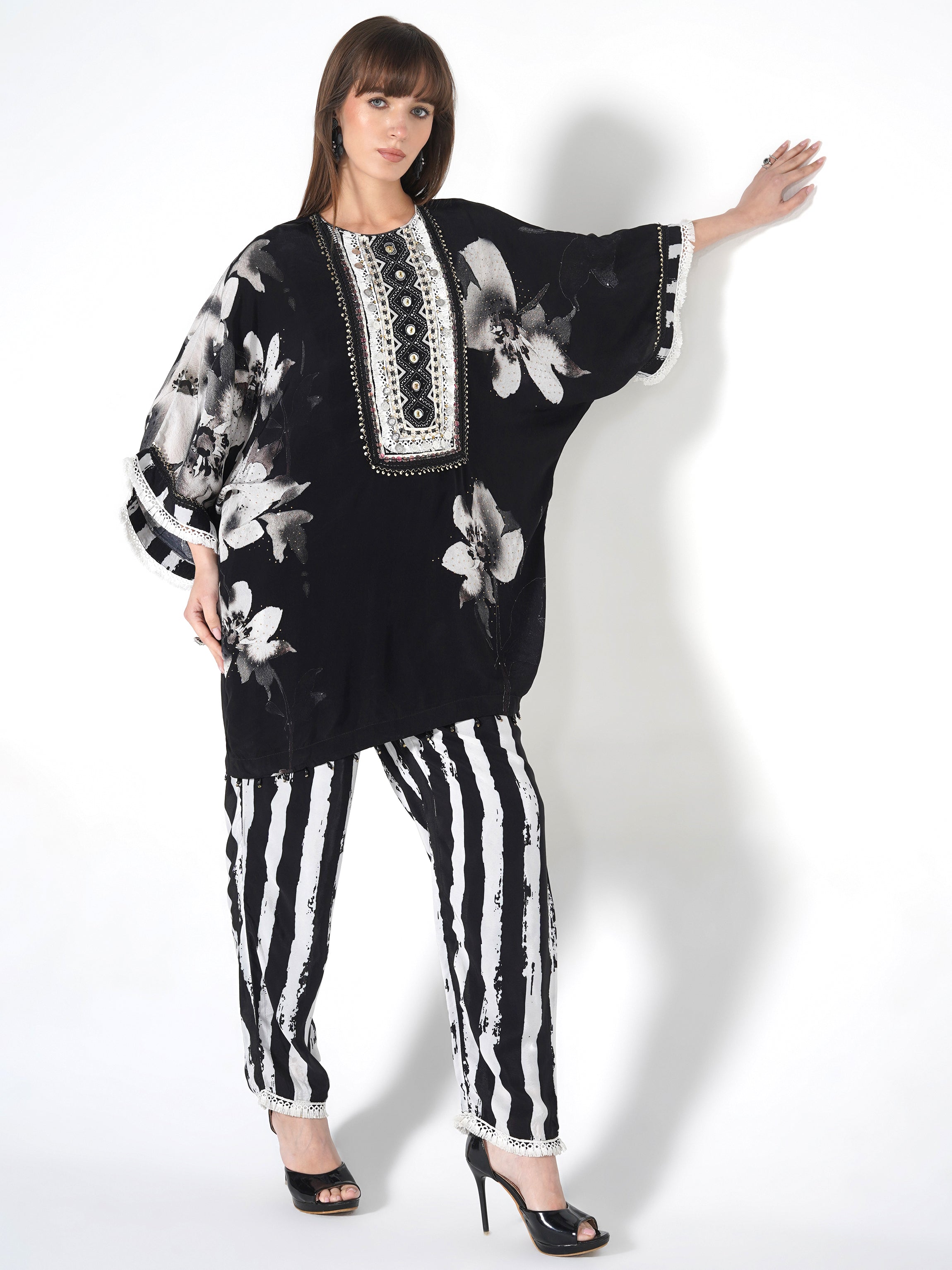 Charcoal Hand-Painted Kaftan Kurti-Set