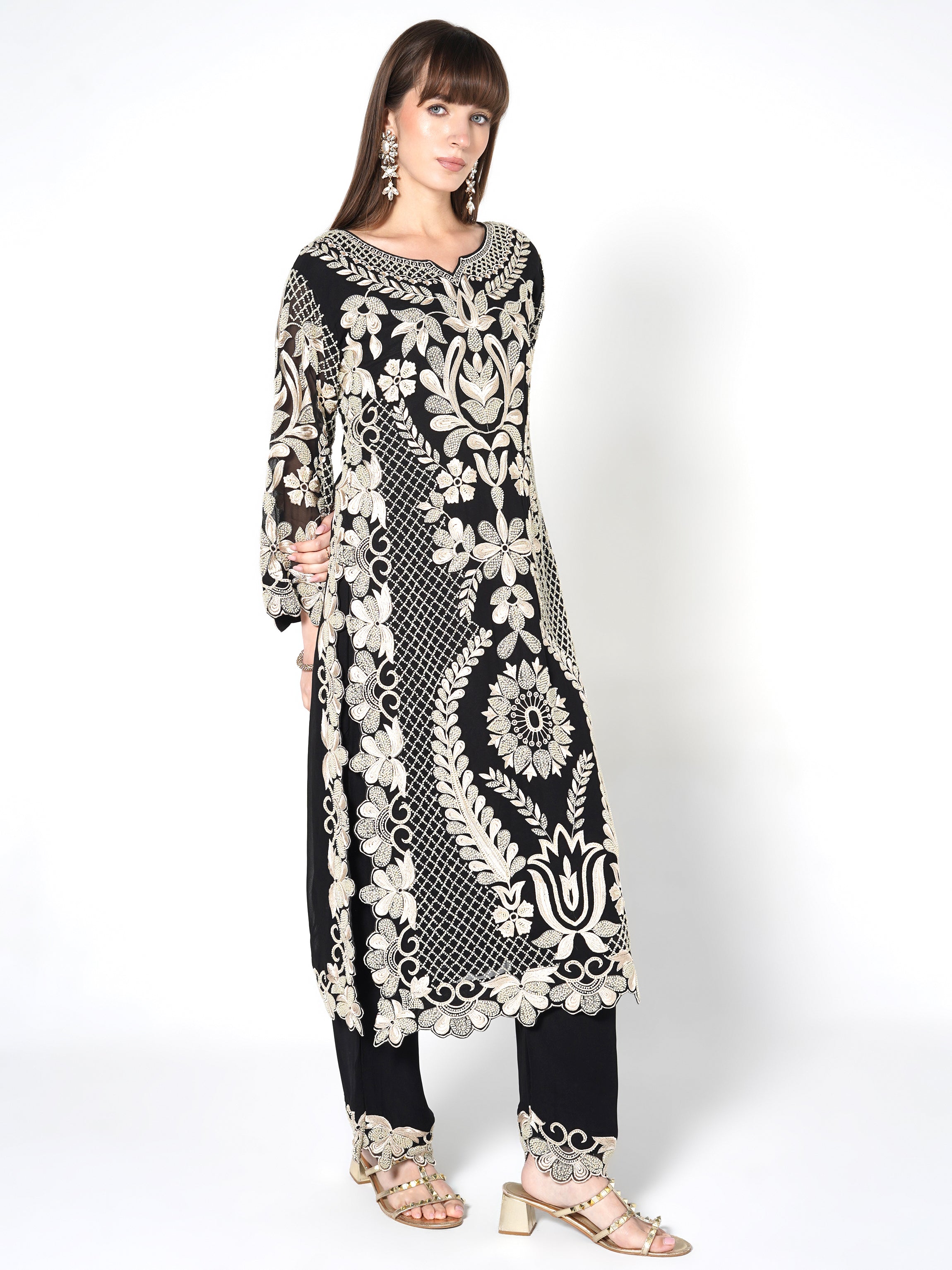 Noir & Pearl-Ivory Kurti Set