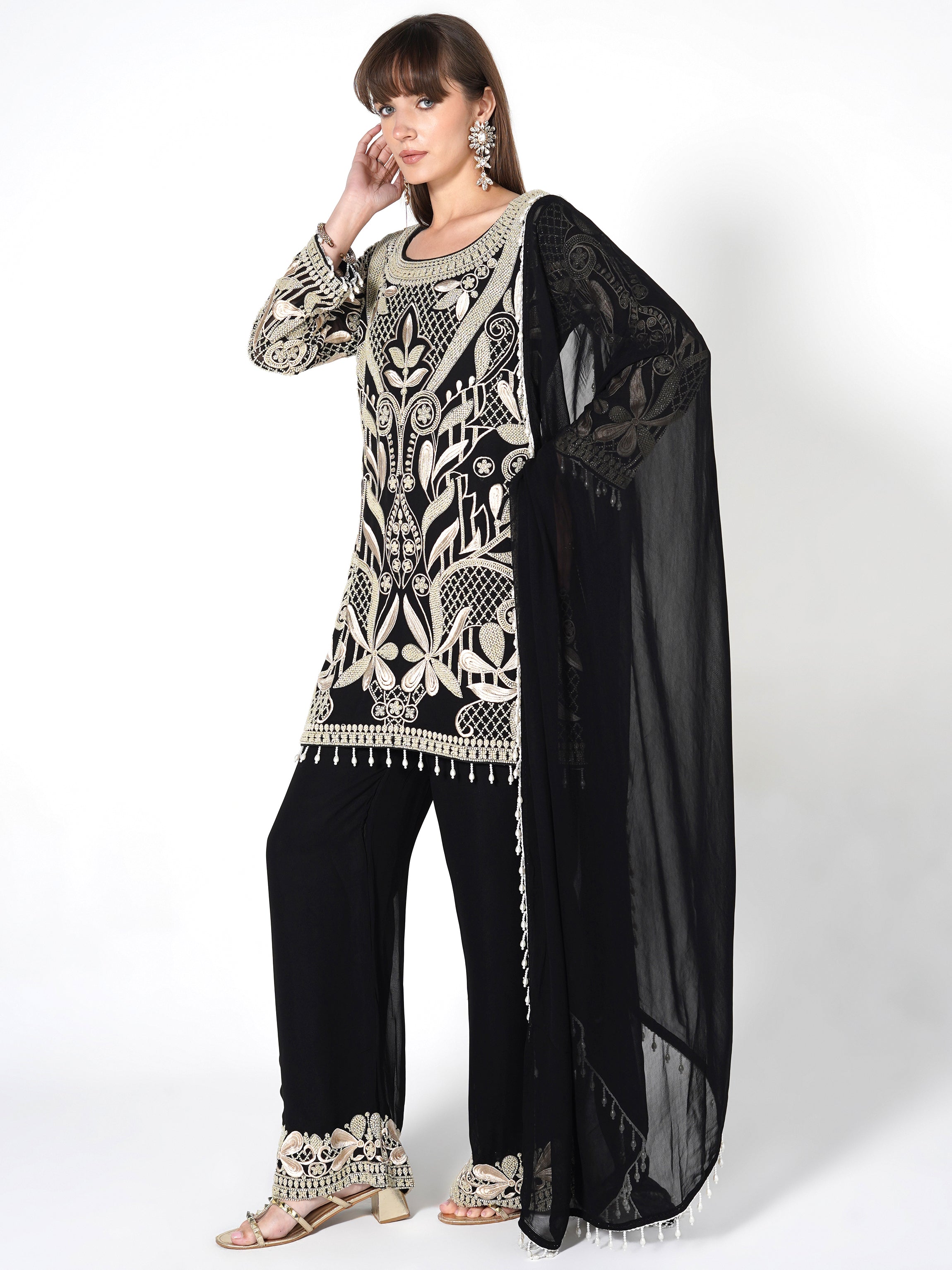 Beige - Black Kurti Fusion Set Secondary image