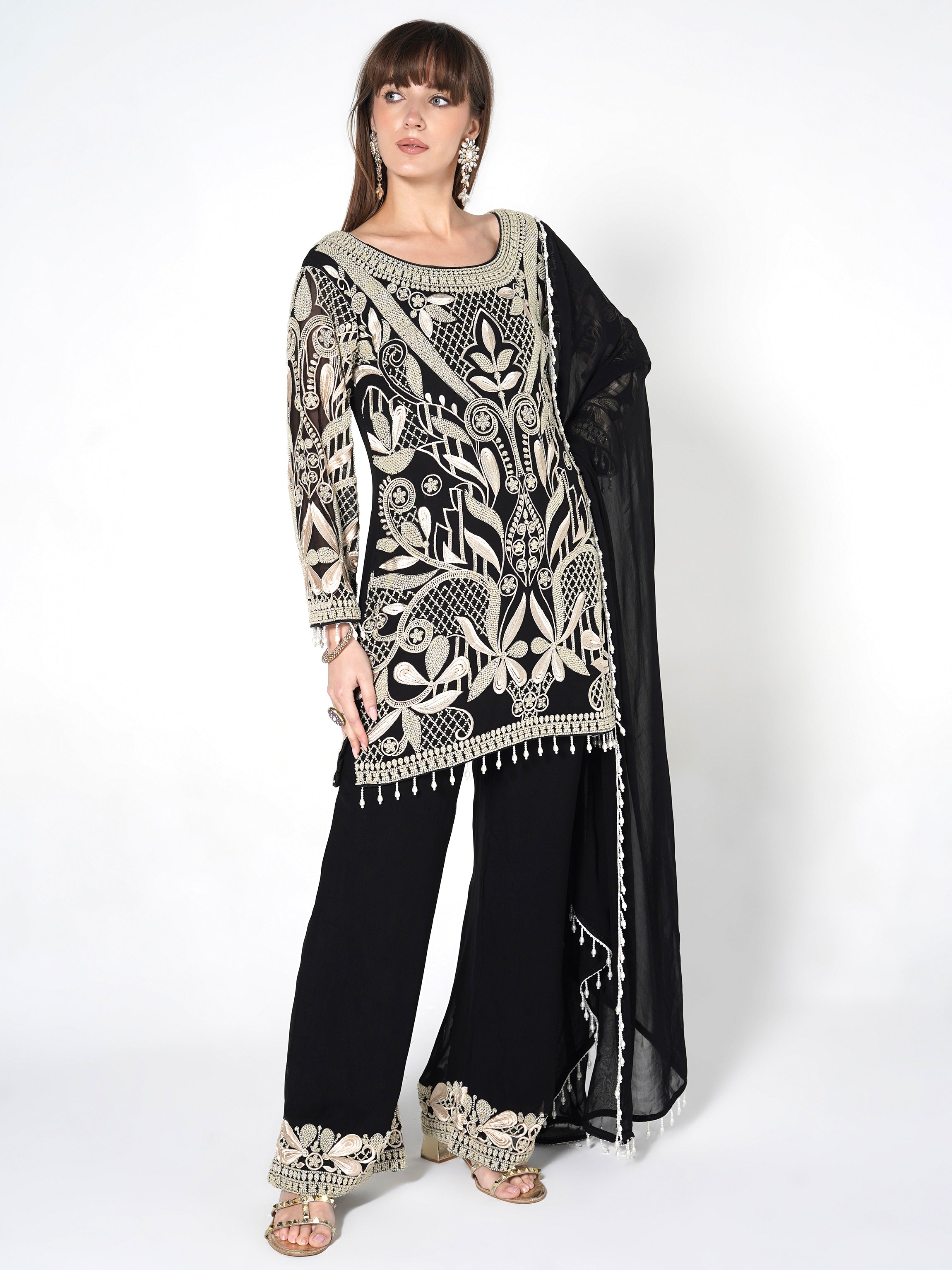 Beige - Black Kurti Fusion Set