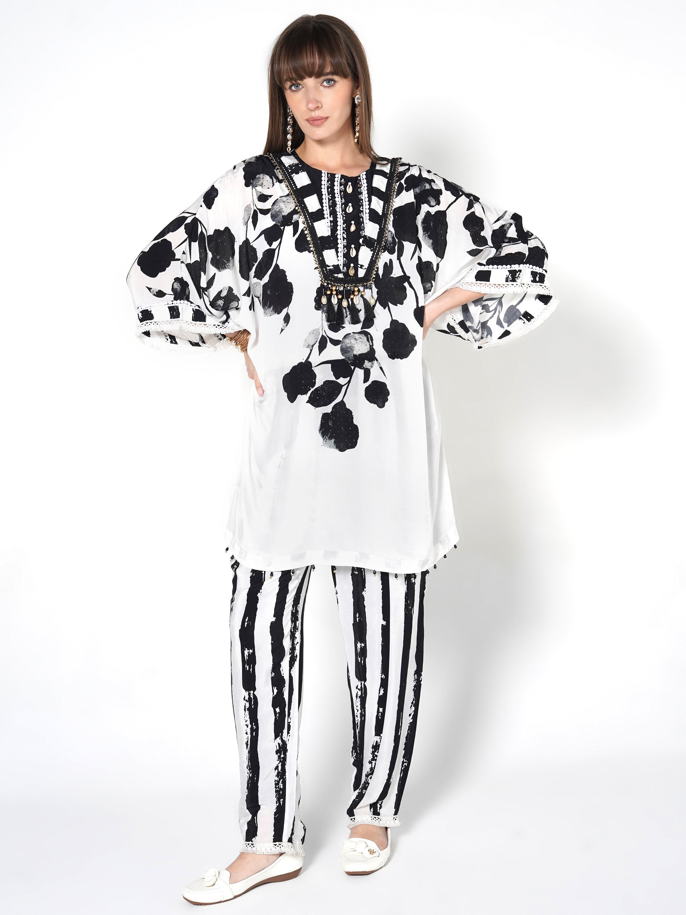 Hand-Painted Floral & Stripe Kurti Set