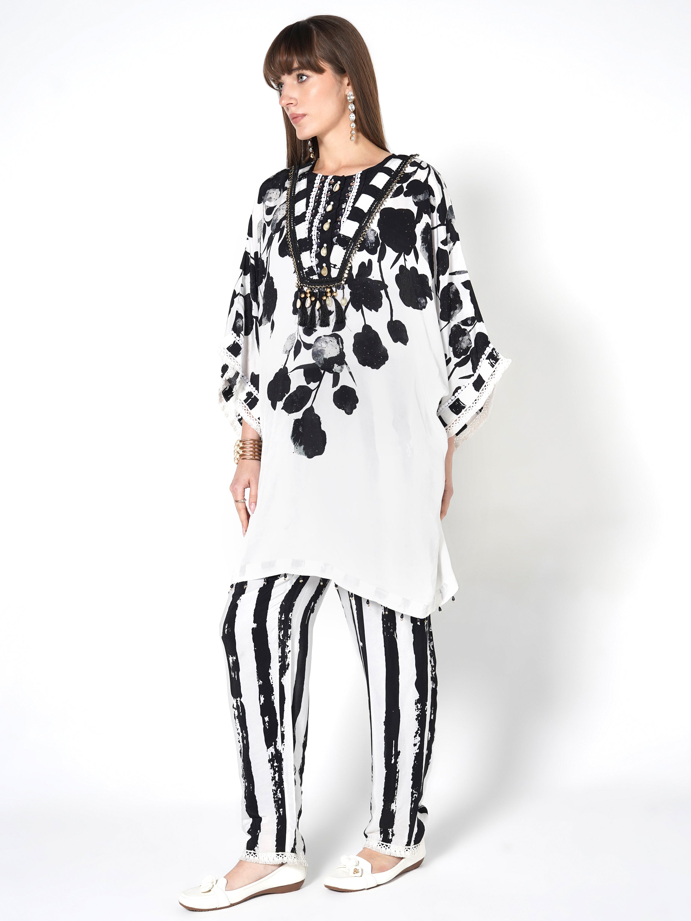 Hand-Painted Floral & Stripe Kurti Set