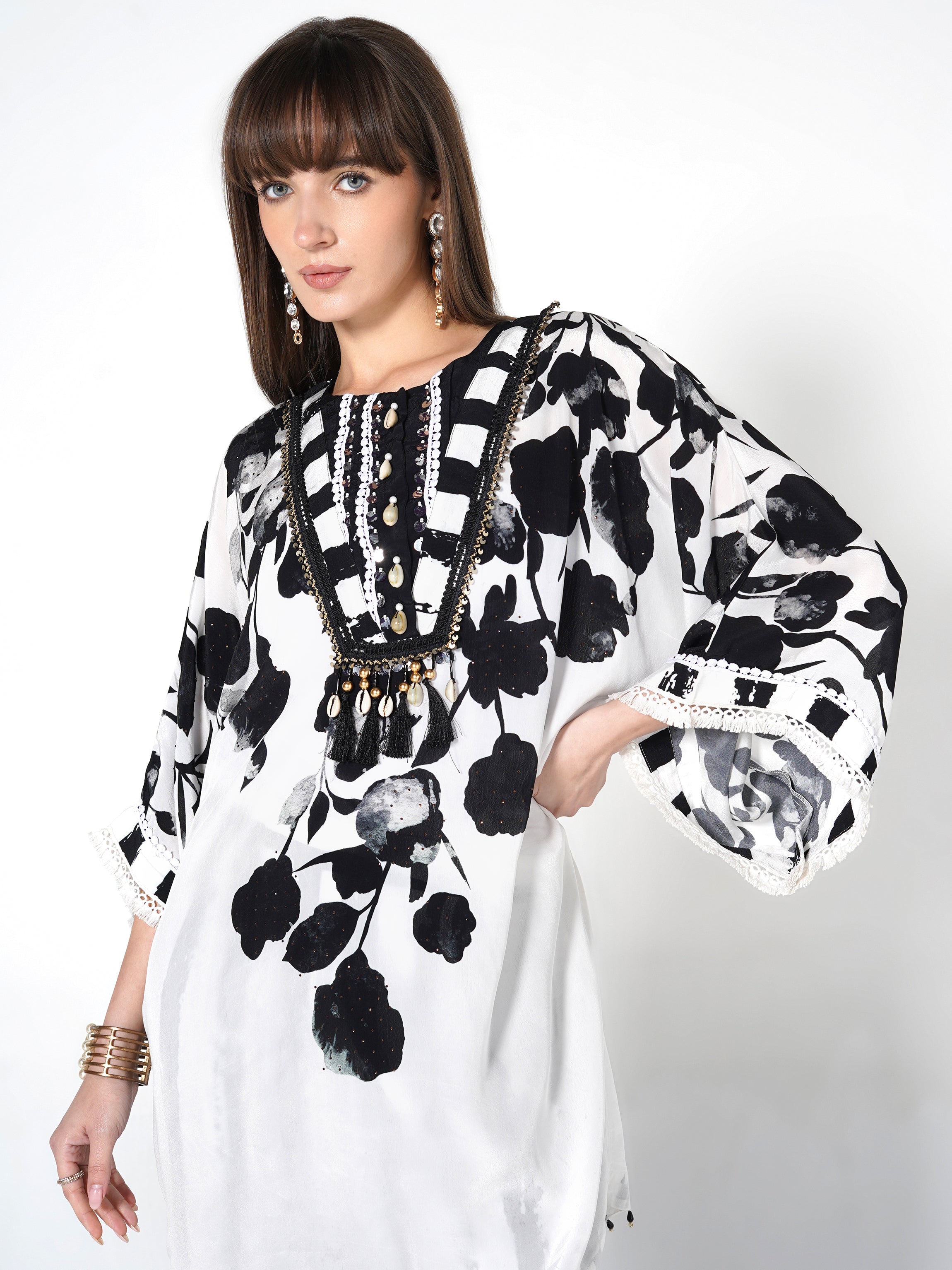 Hand-Painted Floral & Stripe Kurti Set
