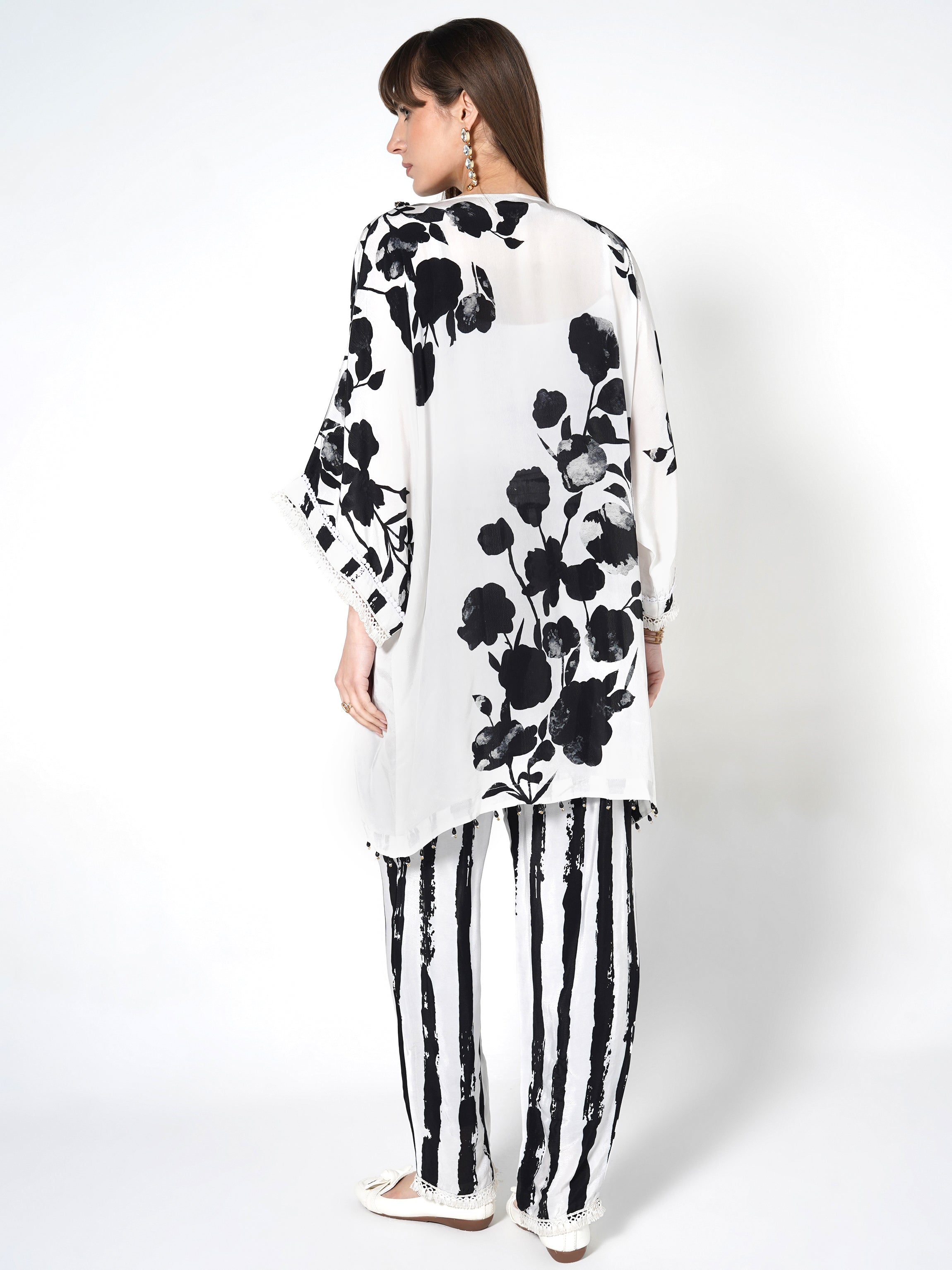 Hand-Painted Floral & Stripe Kurti Set