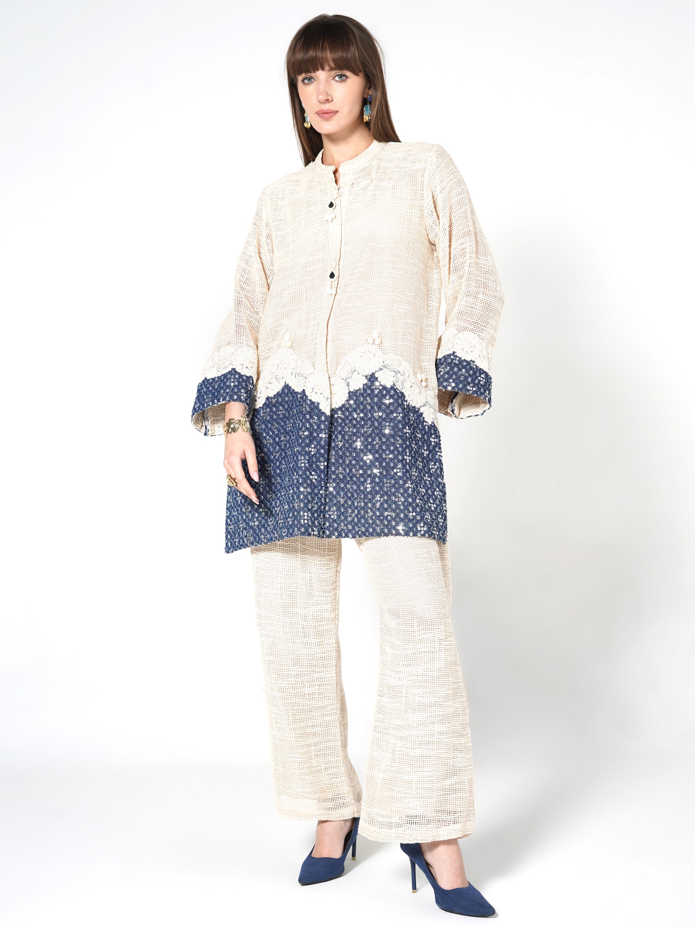 Contrast Lace-Detailed Kurti & Trouser Set