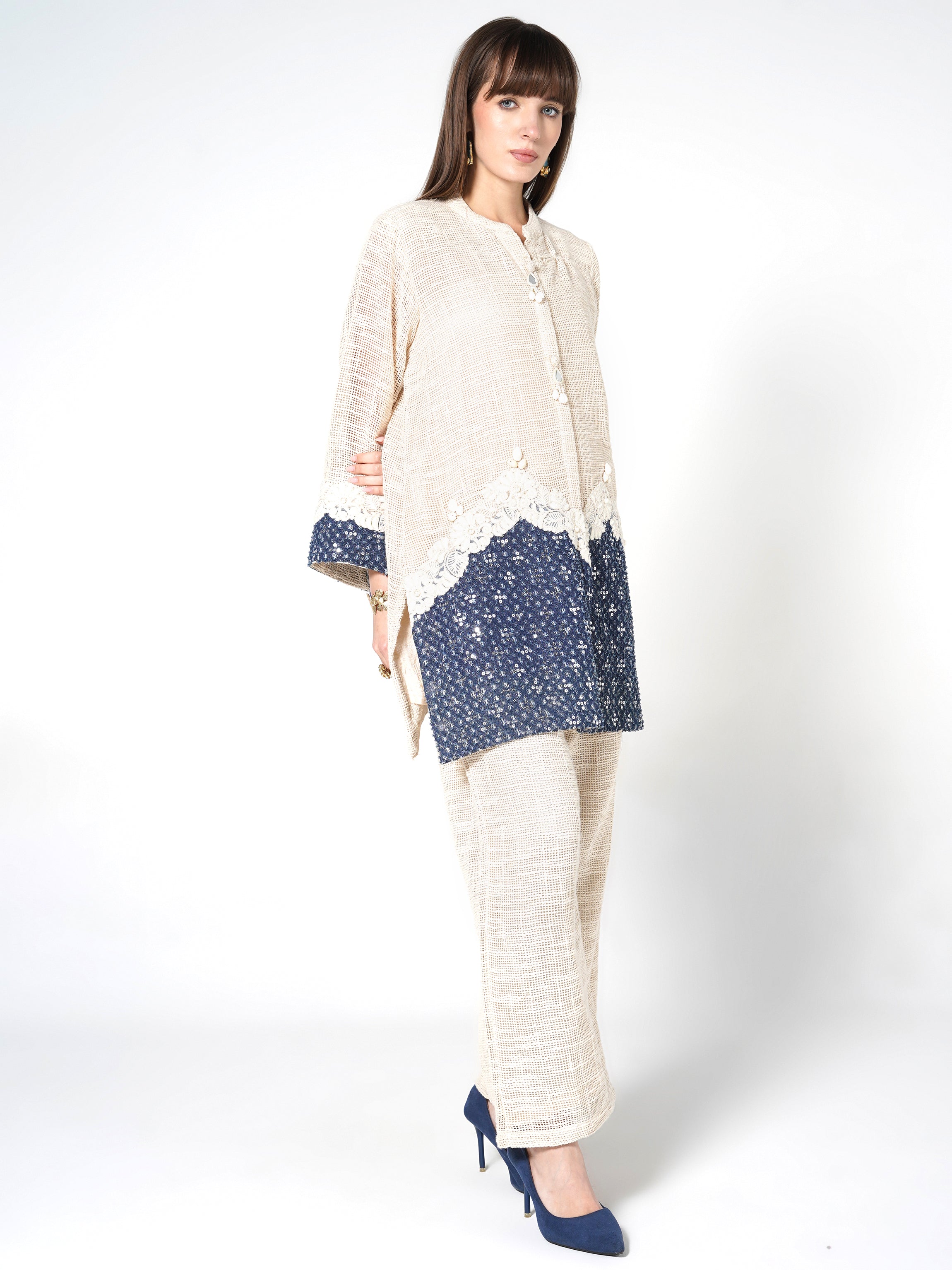 Contrast Lace-Detailed Kurti & Trouser Set