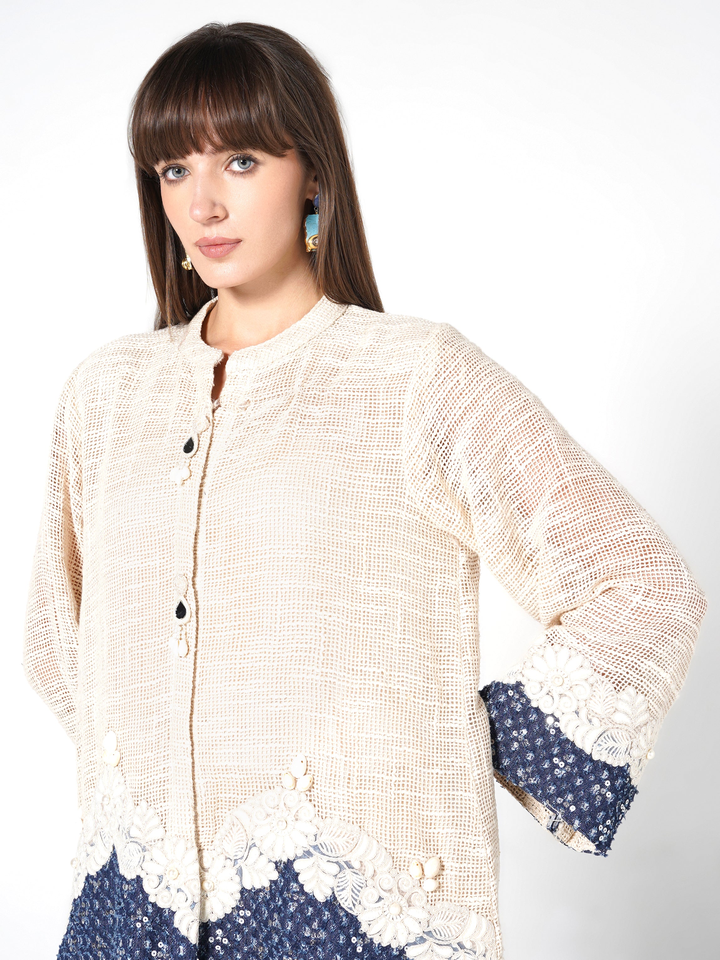 Contrast Lace-Detailed Kurti & Trouser Set