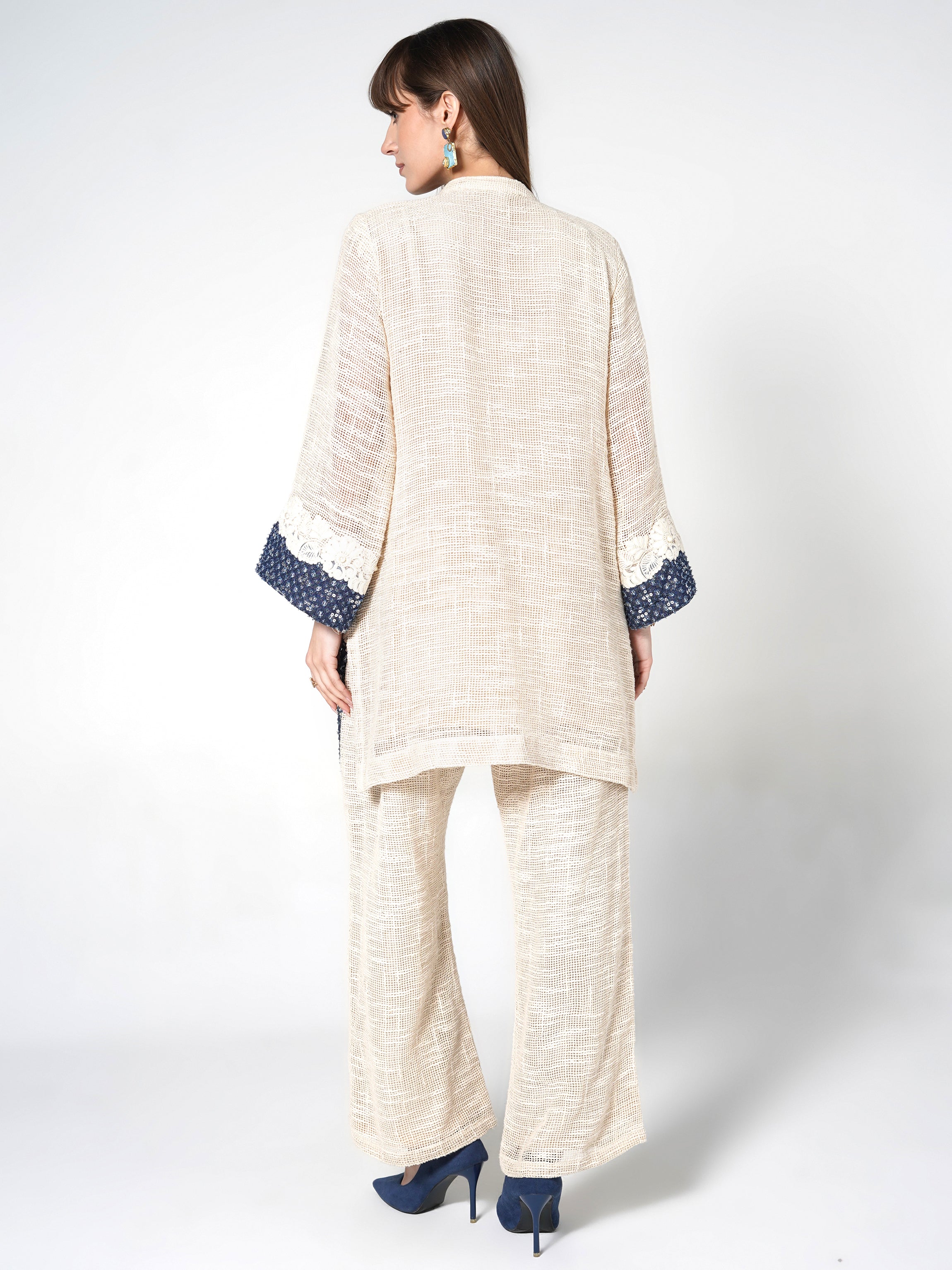 Contrast Lace-Detailed Kurti & Trouser Set