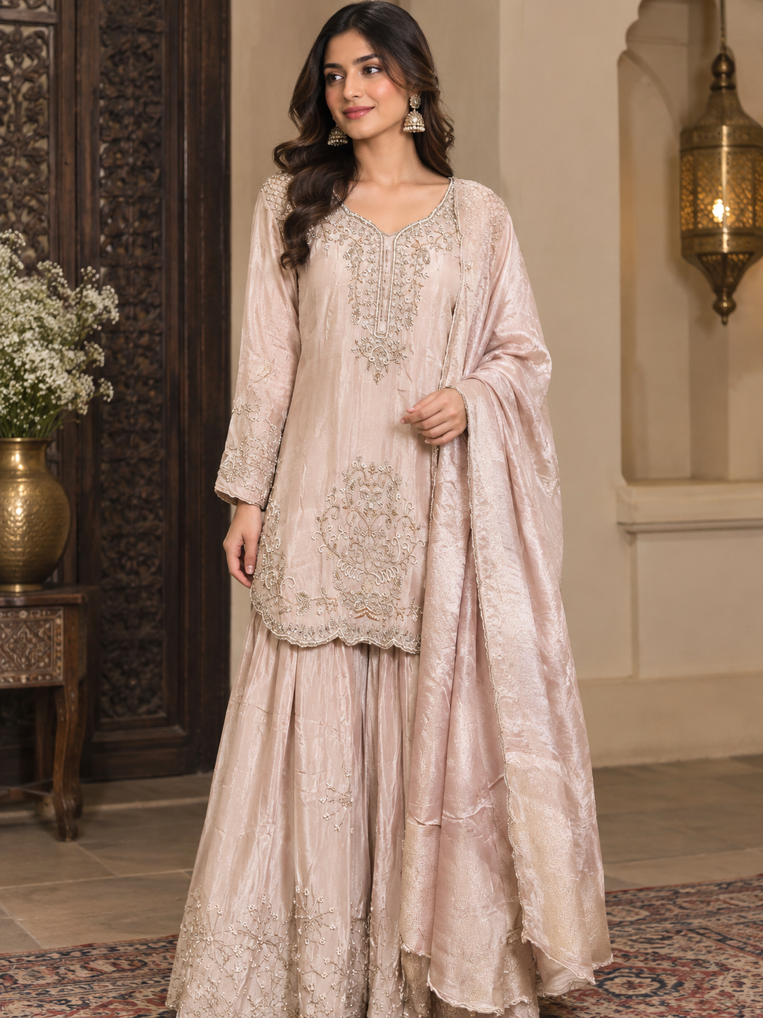 Champagne Pink Embroidered Sharara Suit