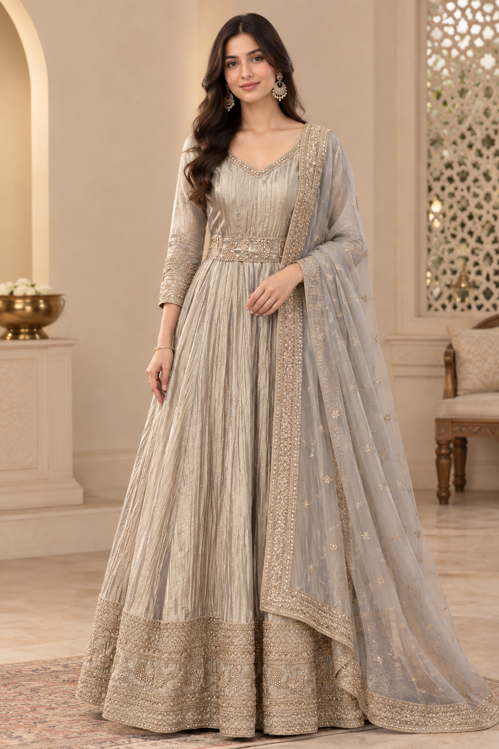Champagne Metallic Pleated Anarkali Gown Set