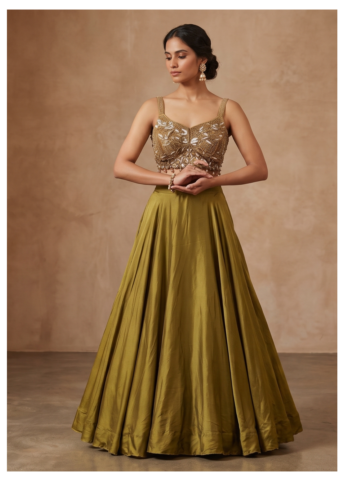 Olive Green Raw Silk Lehenga Set with Embroidered Blouse