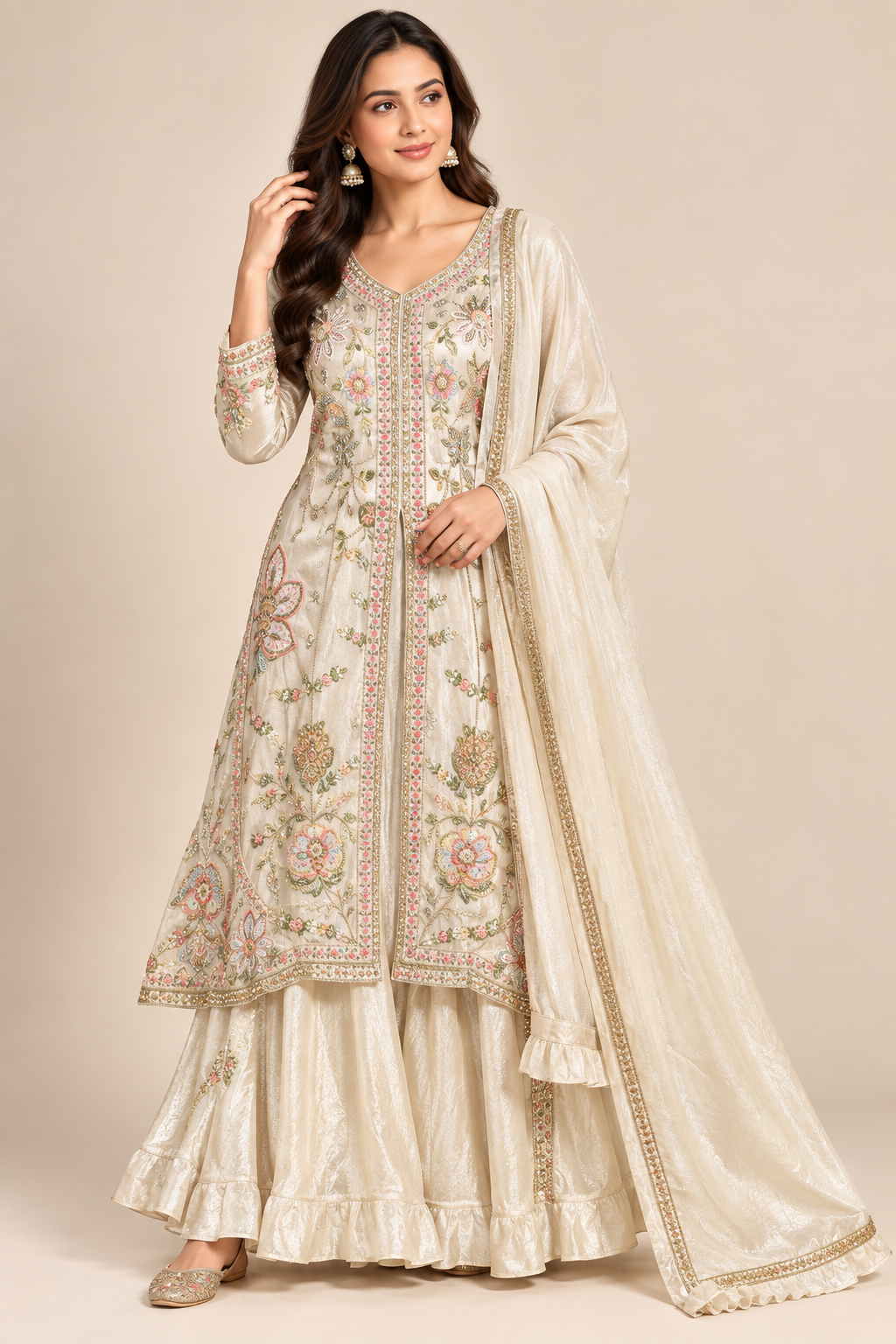 Ivory Cream Hand-Embroidered Tissue Silk Kurti Sharara Set Main image