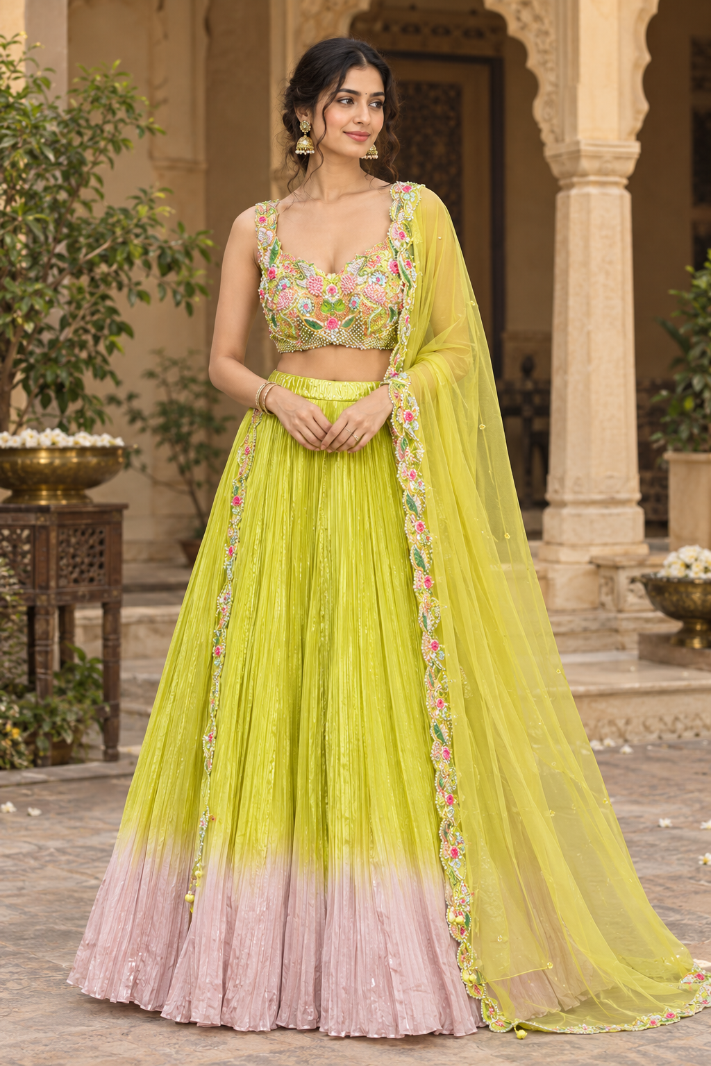Lime & Pastel Pink Ombre Lehenga Set