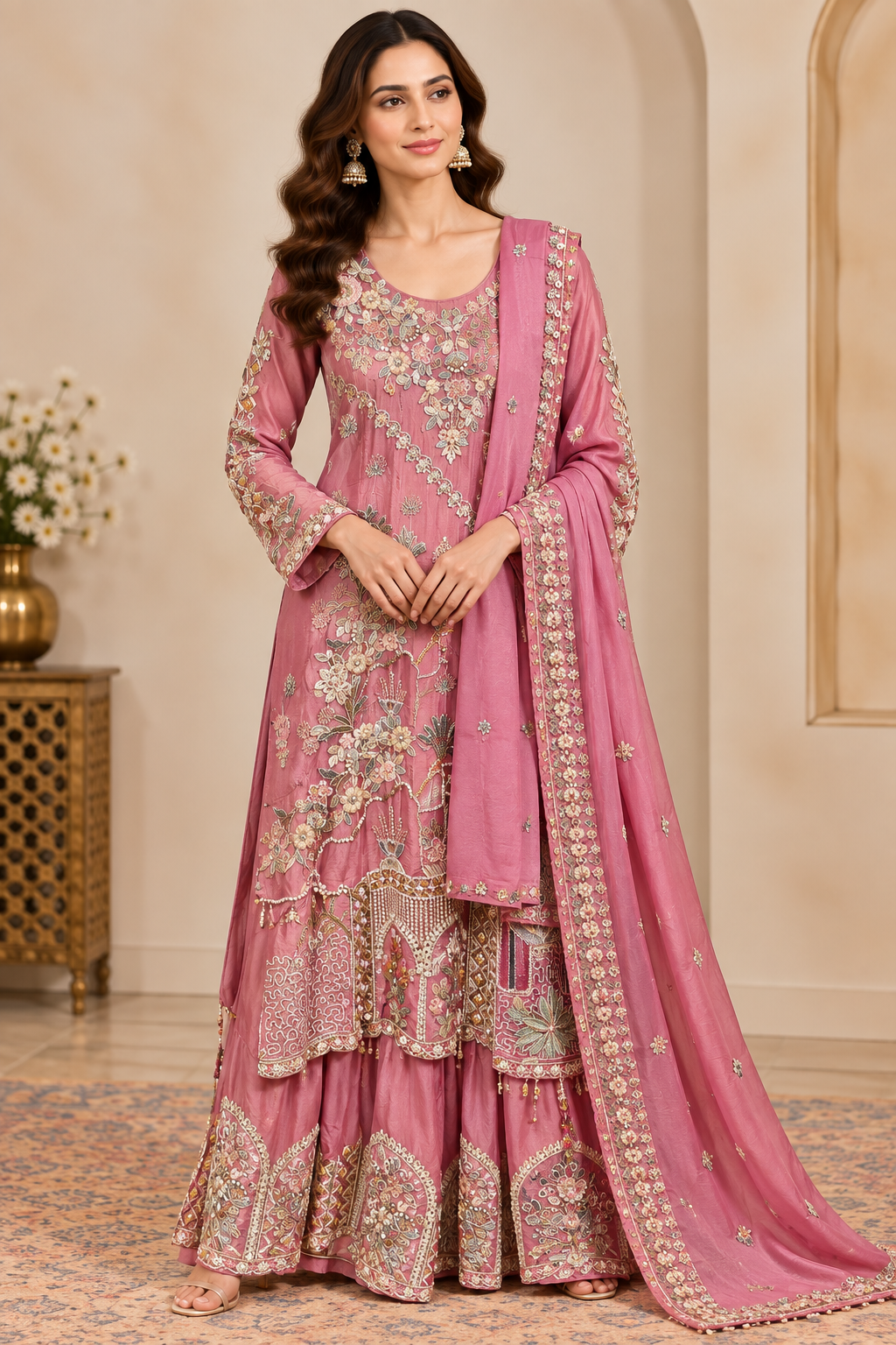 Dusty Rose Pink Hand-Embroidered Silk Kurti Sharara Set