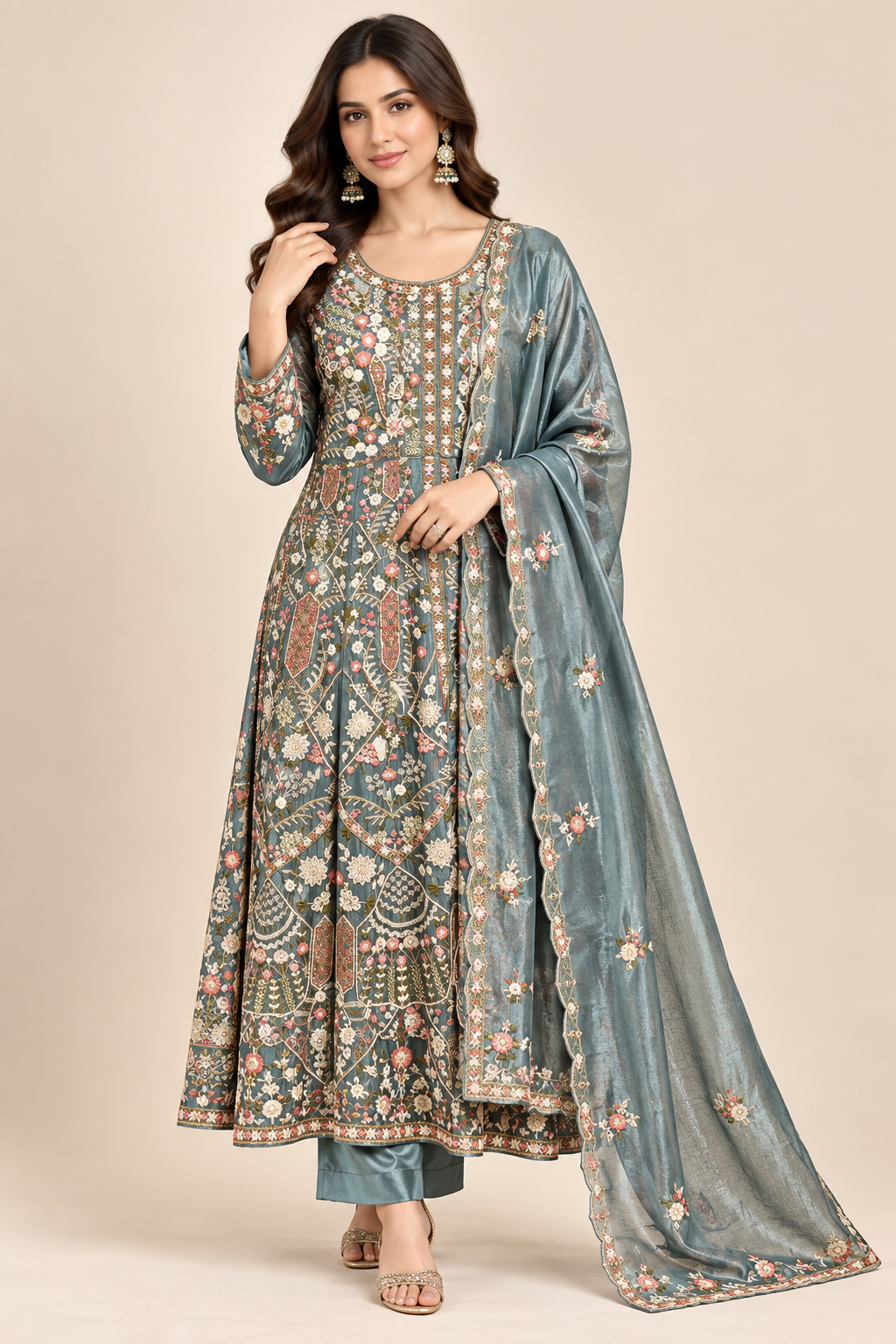 Slate Teal Blue Hand-Embroidered Chanderi Silk Anarkali Suit Set Main image