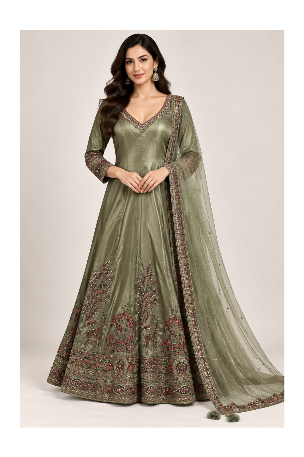 Olive Sage Embroidered Wildlife Tapestry Anarkali Gown