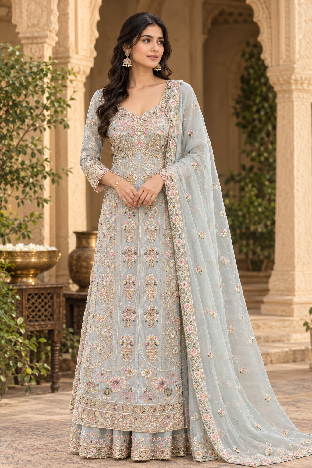 Ice Blue Embroidered Anarkali Ensemble