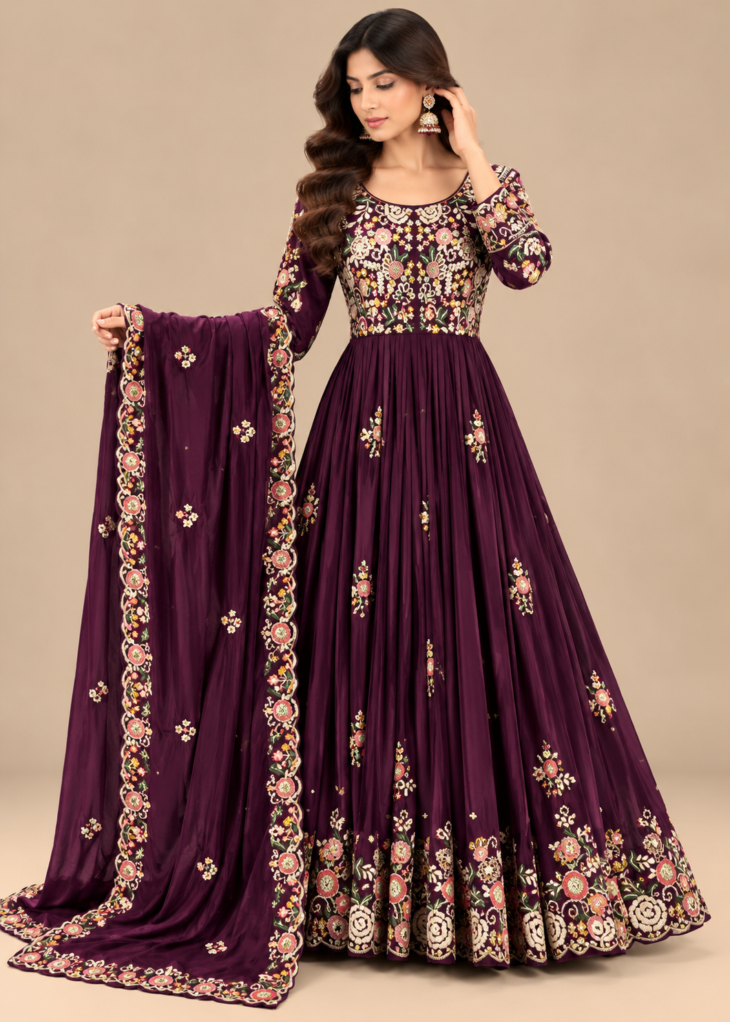 Deep Plum Embroidered Silk Anarkali Gown