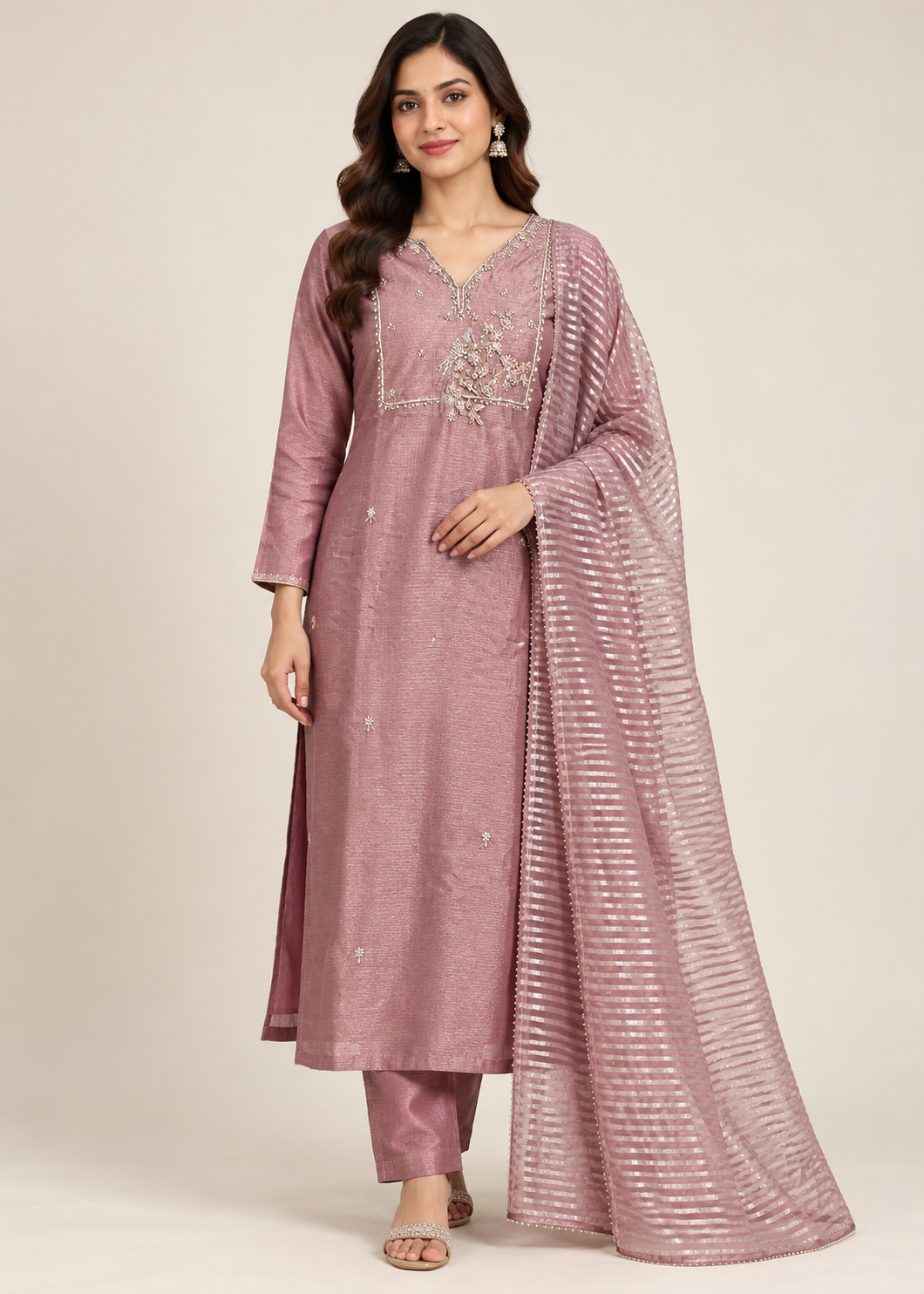 Dusty Mauve Embroidered Tissue Suit Set Main image