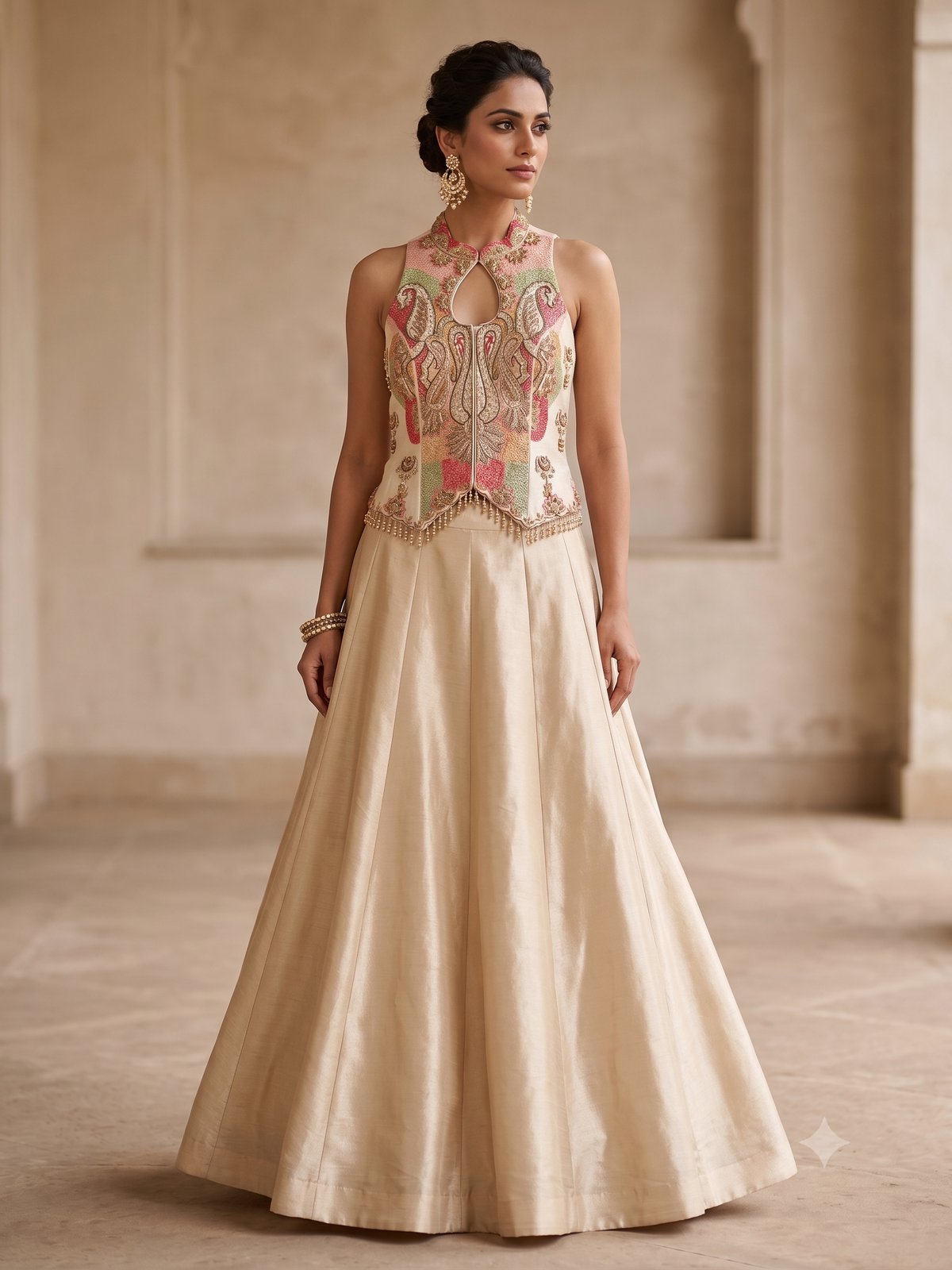 Champagne Gold Embroidered Halter Peplum Vest Lehenga Set