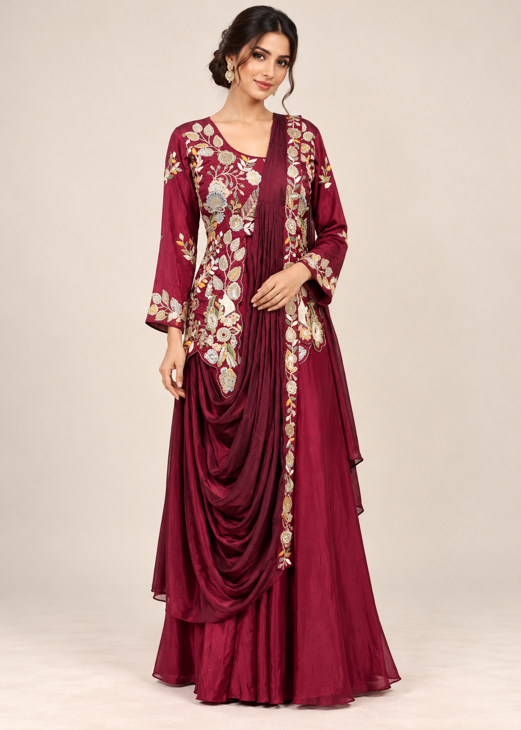 Maroon-Wine Asymmetrical Embroidered Jacket, Kalidar Skirt & Draped Cowl Set Main image