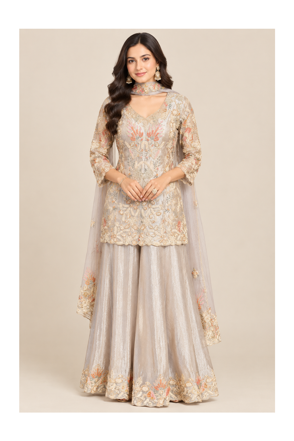 Metallic Champagne Embroidered Kurti & Sharara Set