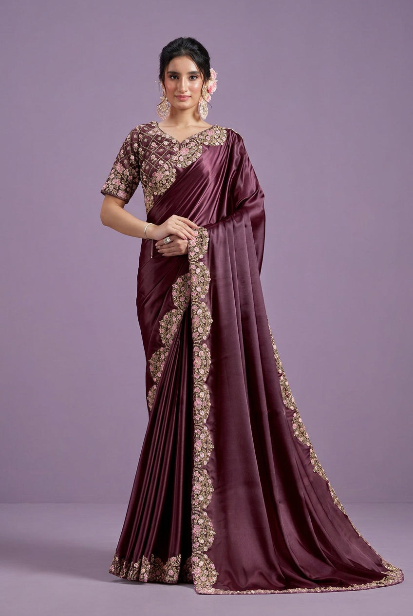 Plum Crepe Satin Scalloped Border Saree