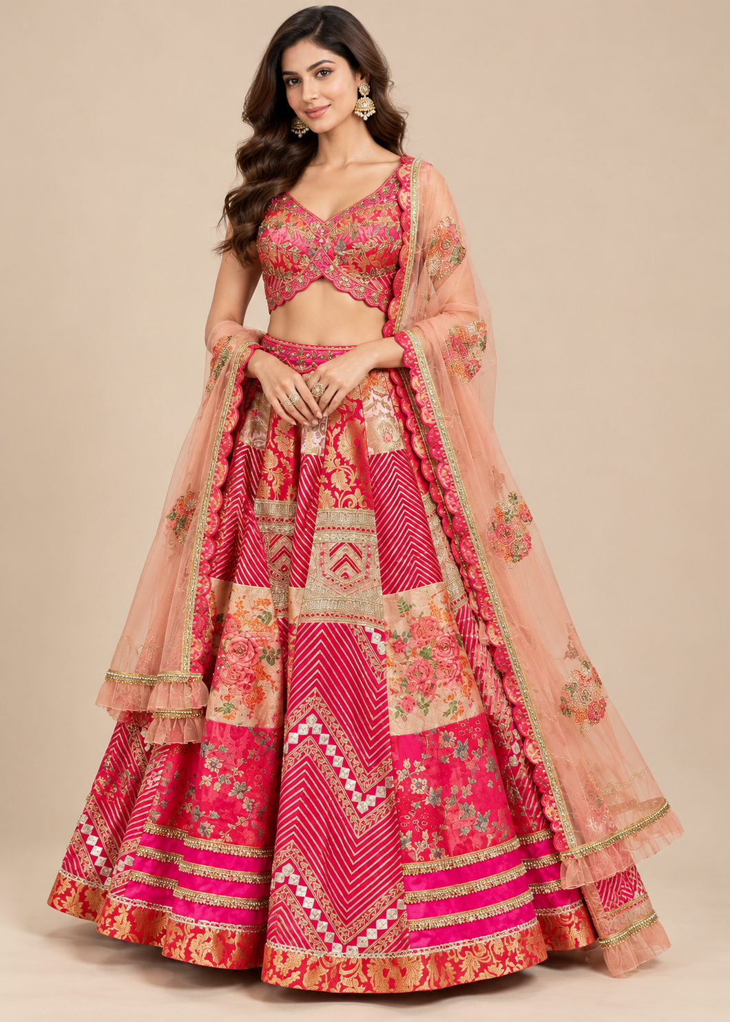 Fuchsia-Pink Patchwork Jacquard Lehenga, Scalloped Blouse