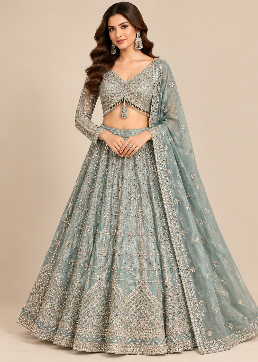 Slate Grey Mirror Work Embroidered Lehenga