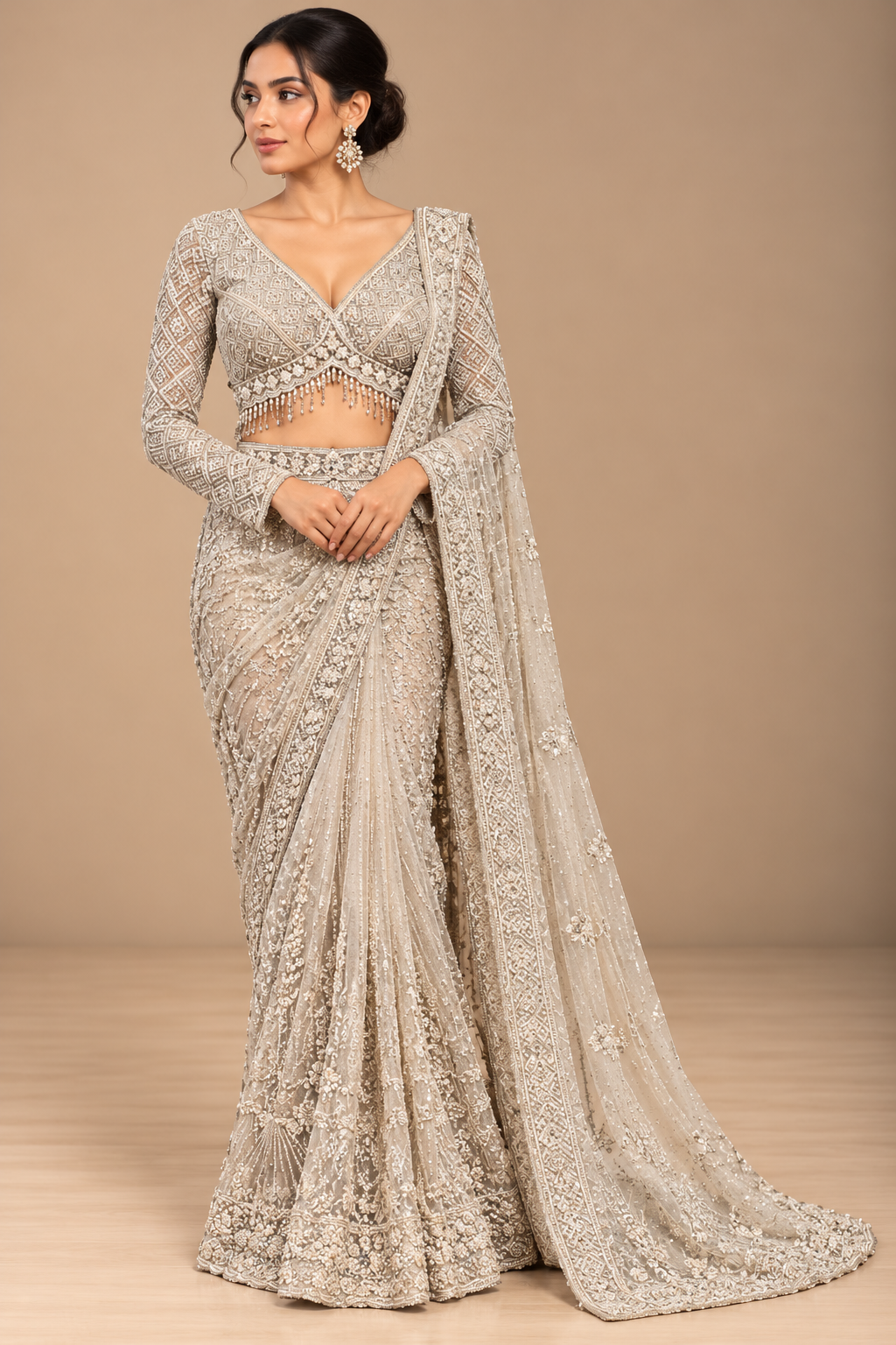 Champagne Embellished Net Saree