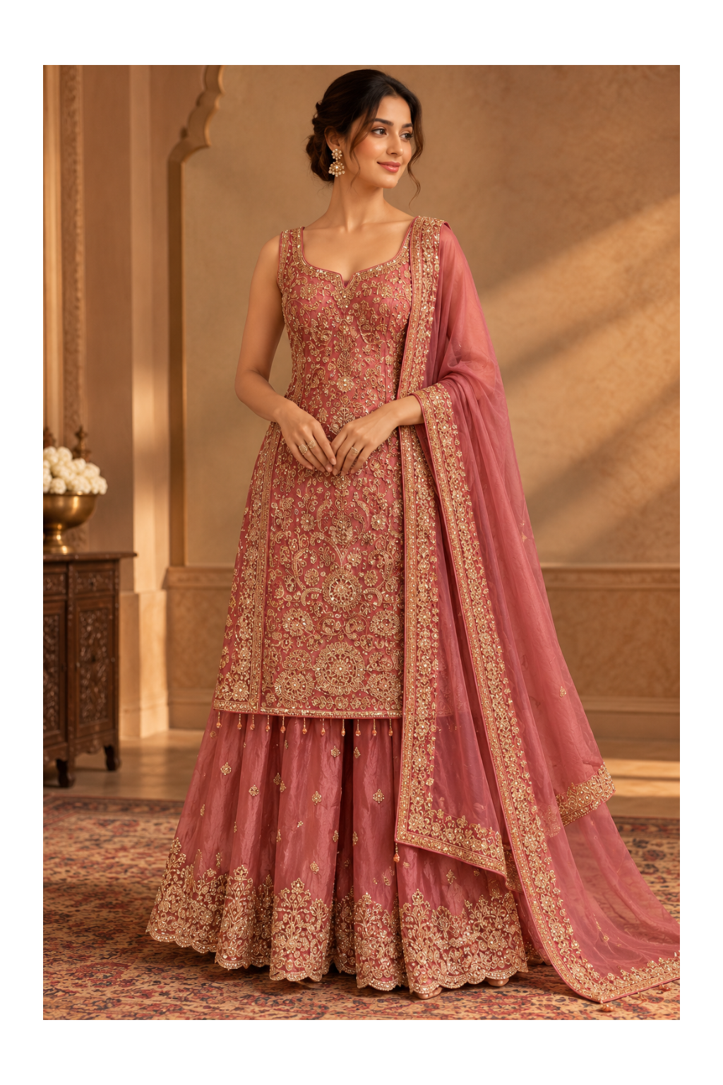 Dusty Rose-Mauve Sleeveless Kurti, Flared Sharara Main image
