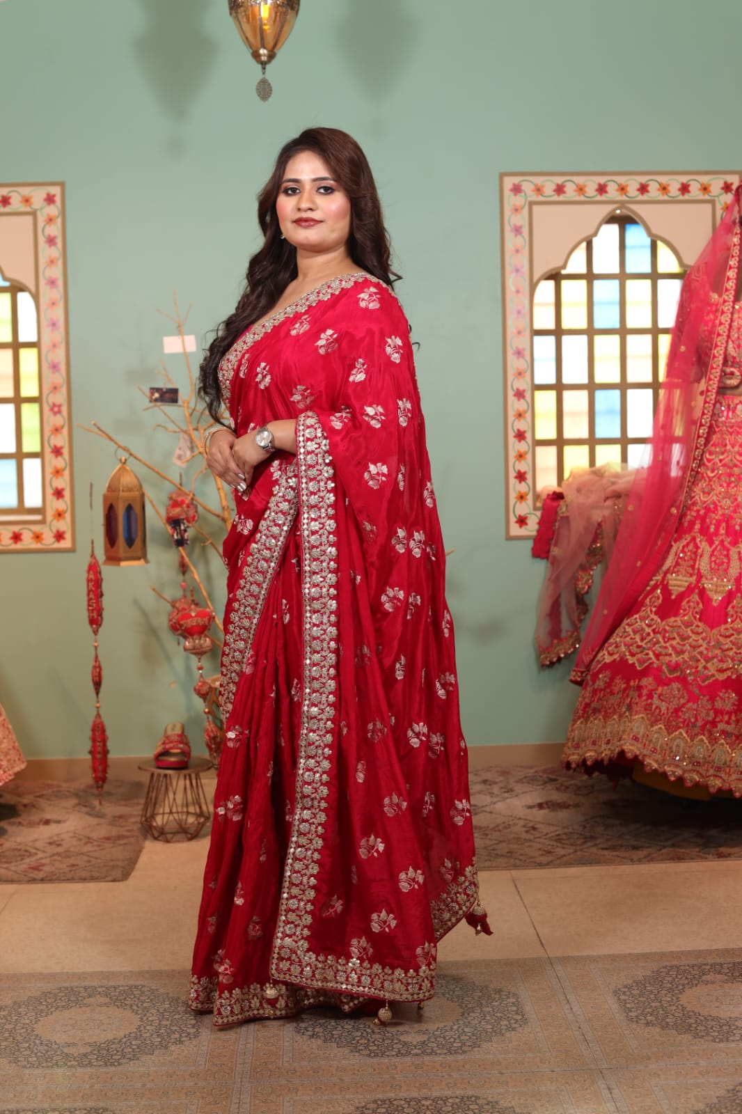 Radiant Red Chinon Saree with Exquisite Embroidery